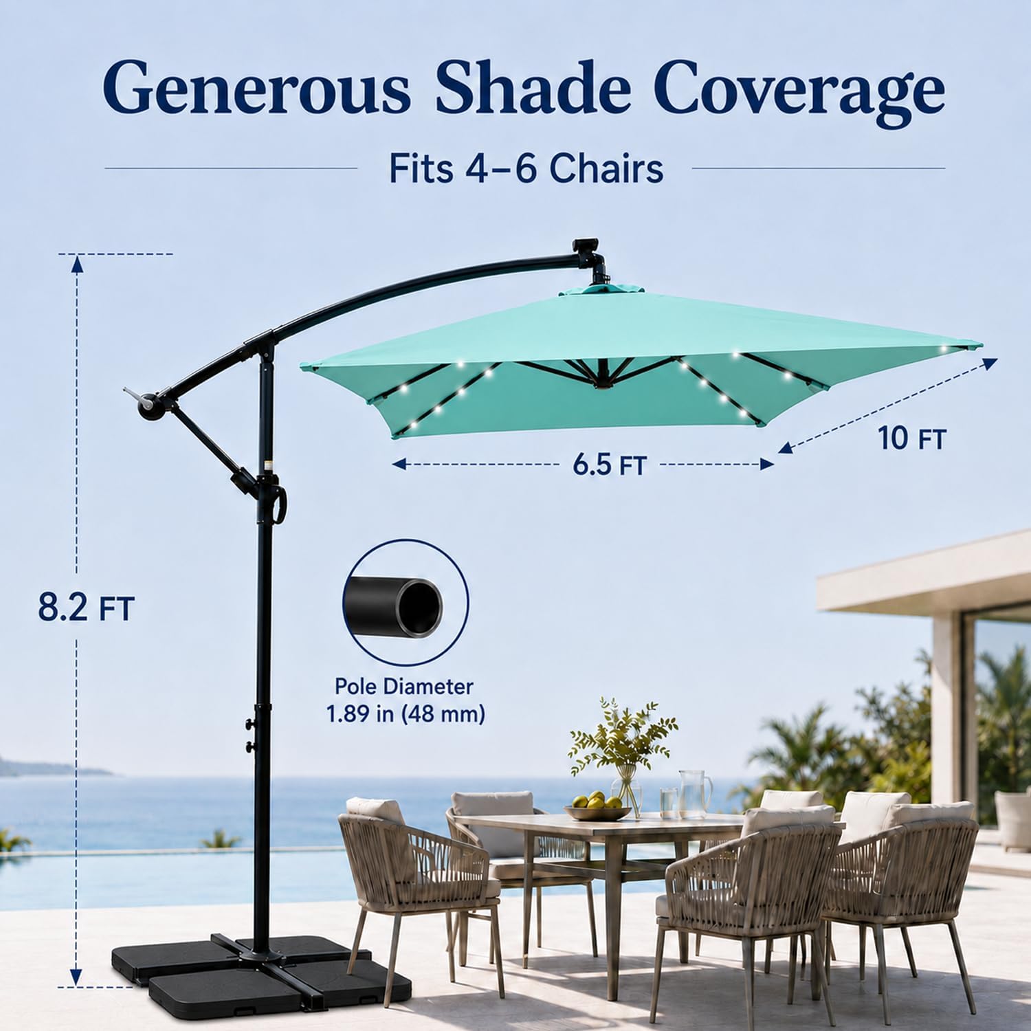 10x6.5FT Patio Umbrella, Outdoor Offset Umbrella with Cross Base and Crank, Rectangular Cantilever Umbrella with Solar Lights, Hanging Market Umbrella with 6 Rids for Pool, Deck, Backyard (Turquoise)