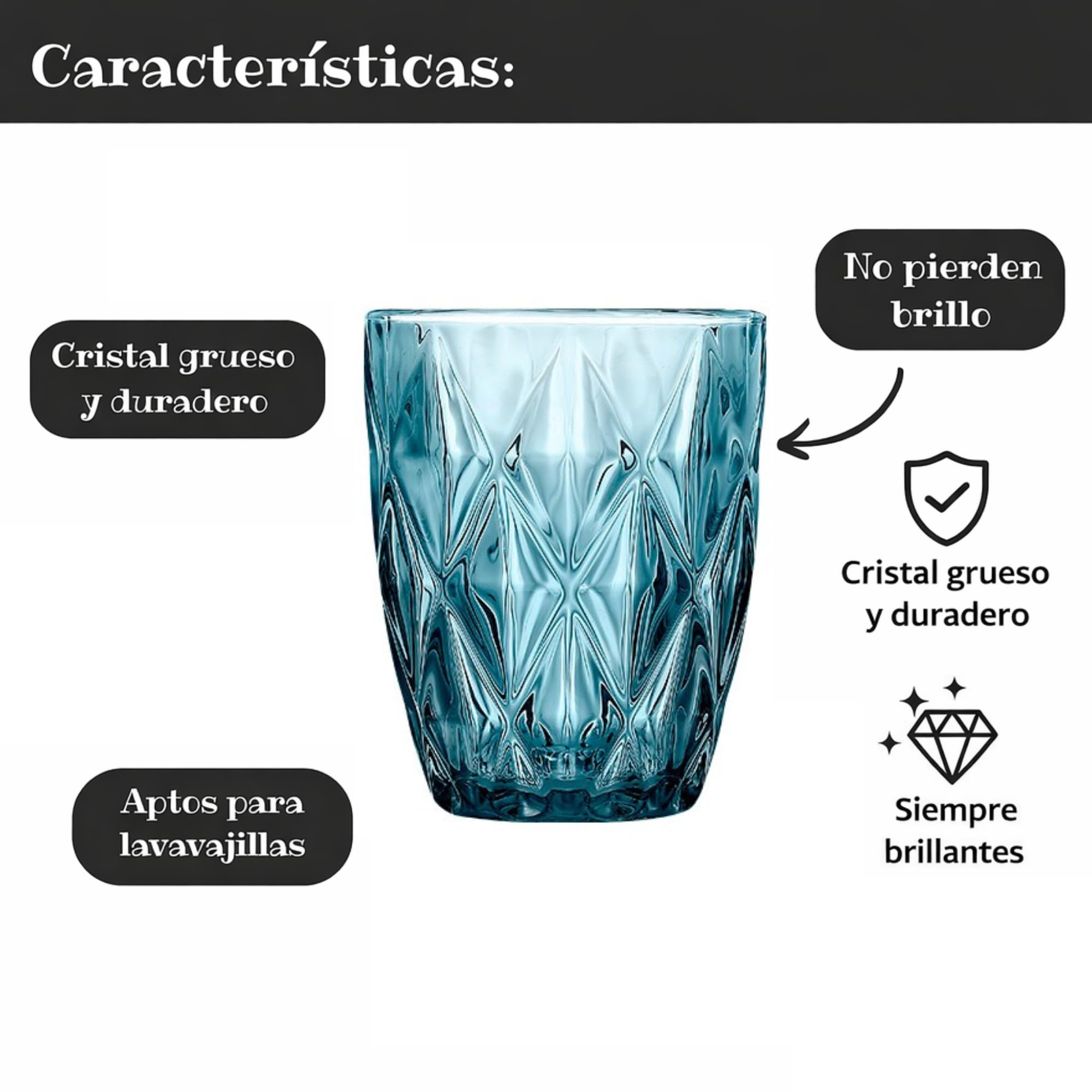 Pack 6 Vasos de Cristal Azul 300 ml – Vasos para Agua y Refrescos Diseño Diamante, Cristal Resistente – Aptos Lavavajillas, No Pierden Brillo – Vasos Apilables Elegantes para Mesa, Cocina y Cócteles