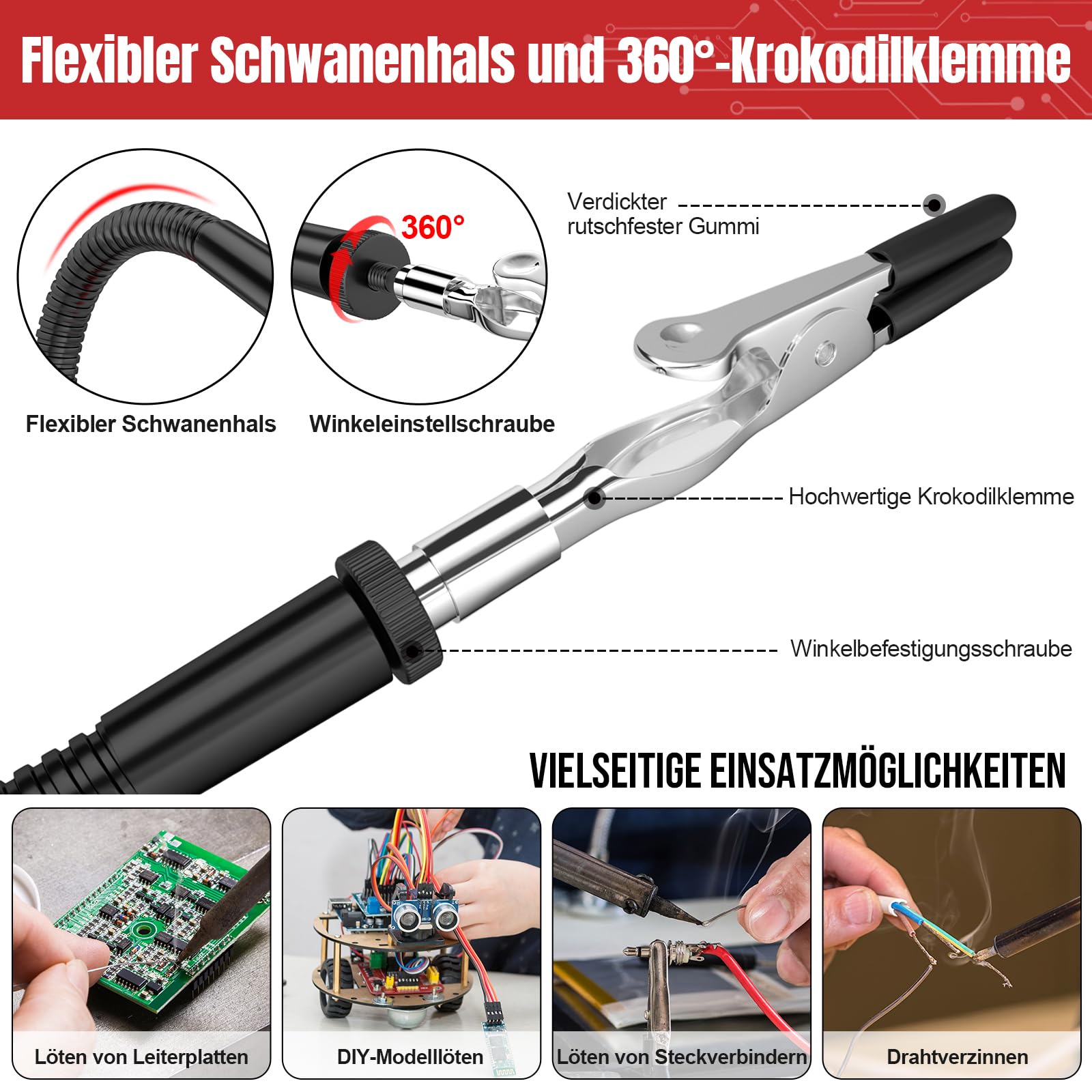 Löthilfe Lötstation mit 4 flexiblen Schwanenhals Armen und Krokodilklemmen, Lötende Dritte Hände Für Löt und Bastelarbeiten,Werkzeug Zubehör