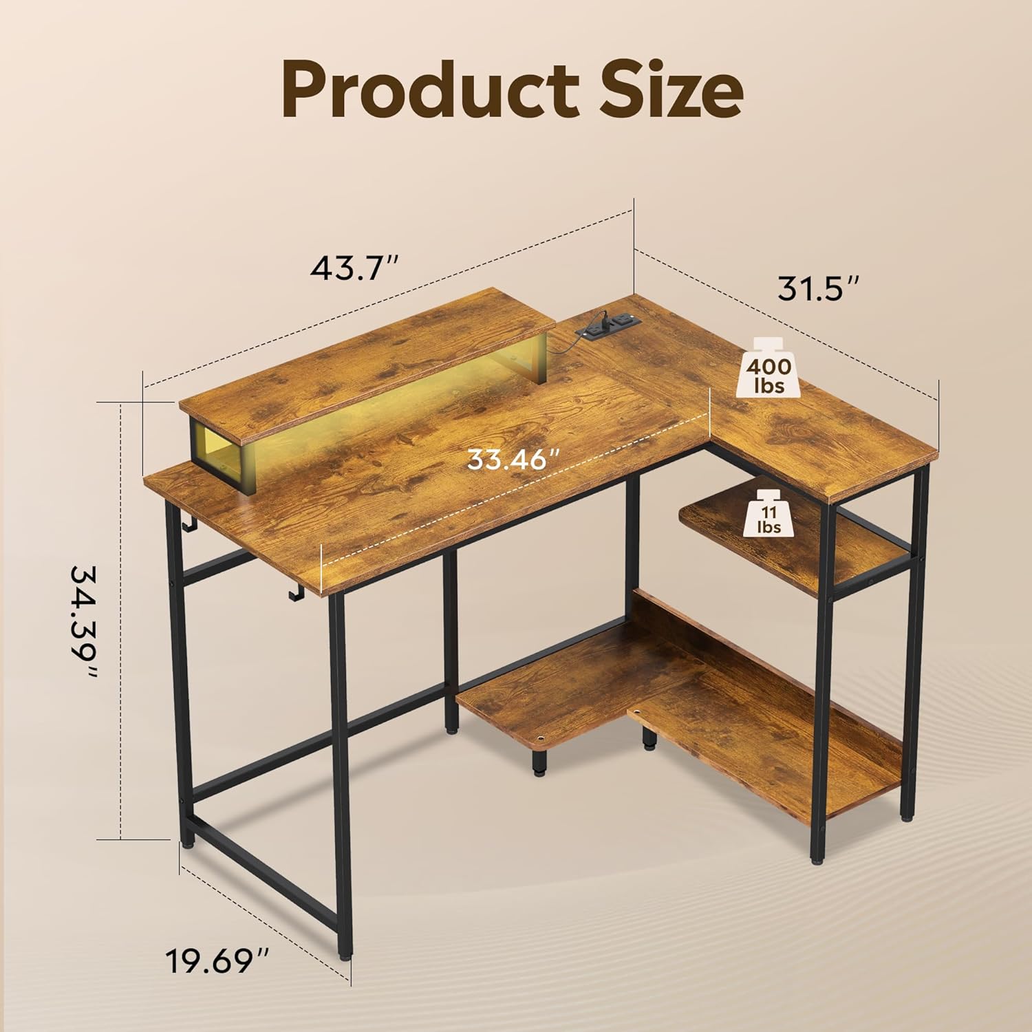 DEVAISE 43 Inch L Shaped Gaming Desk with LED Lights & Power Outlets, Corner Desk for Small Spaces, Sturdy PC Computer Table with Storage for Home Office, Rustic Brown