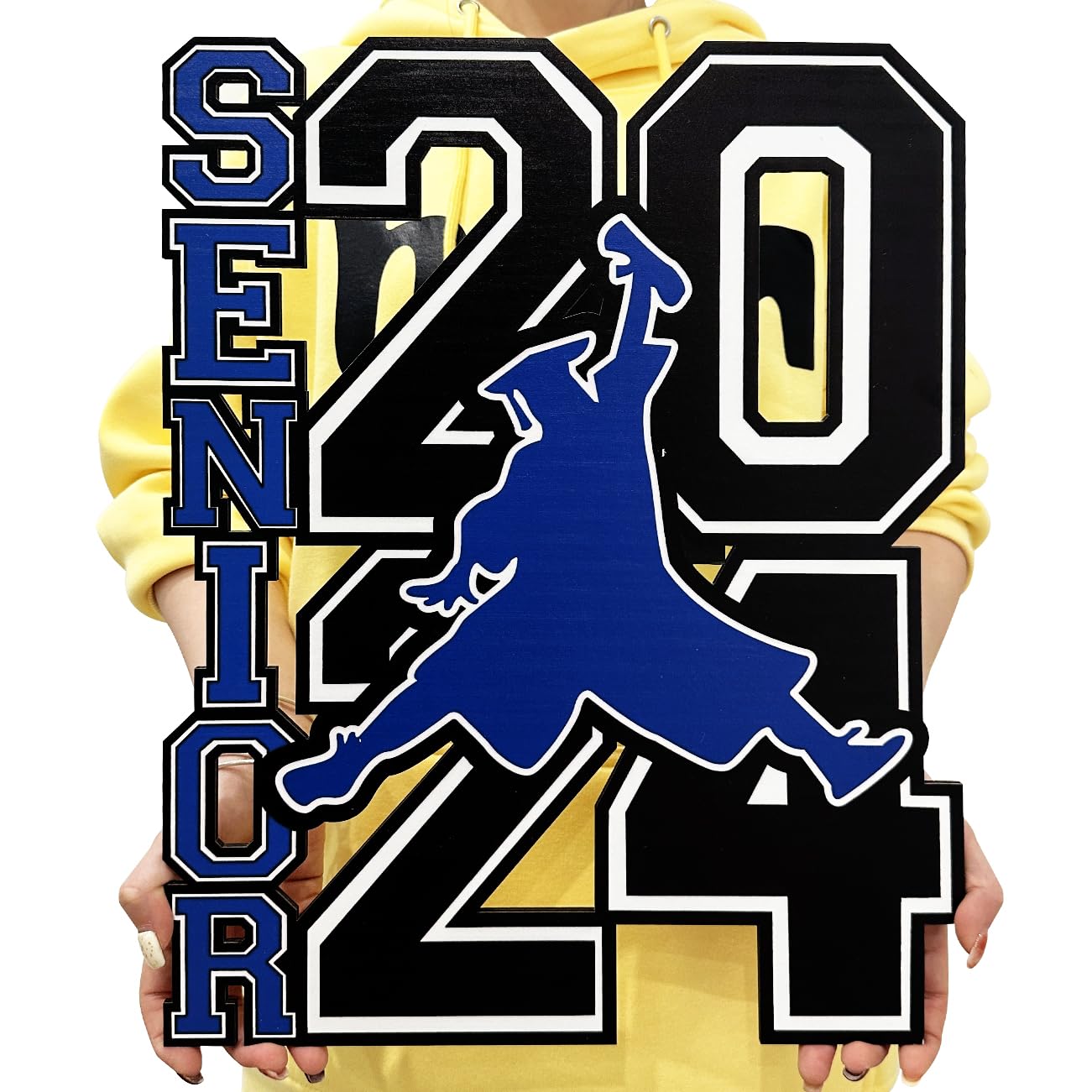 Large Senior 2024 Decorations, Blue and Black Graduation Wooden Sign Senior Photo Props Graduate Hanging Sign for 2024 Senior Graduation Party Supplies 16.5x12.8 Inches