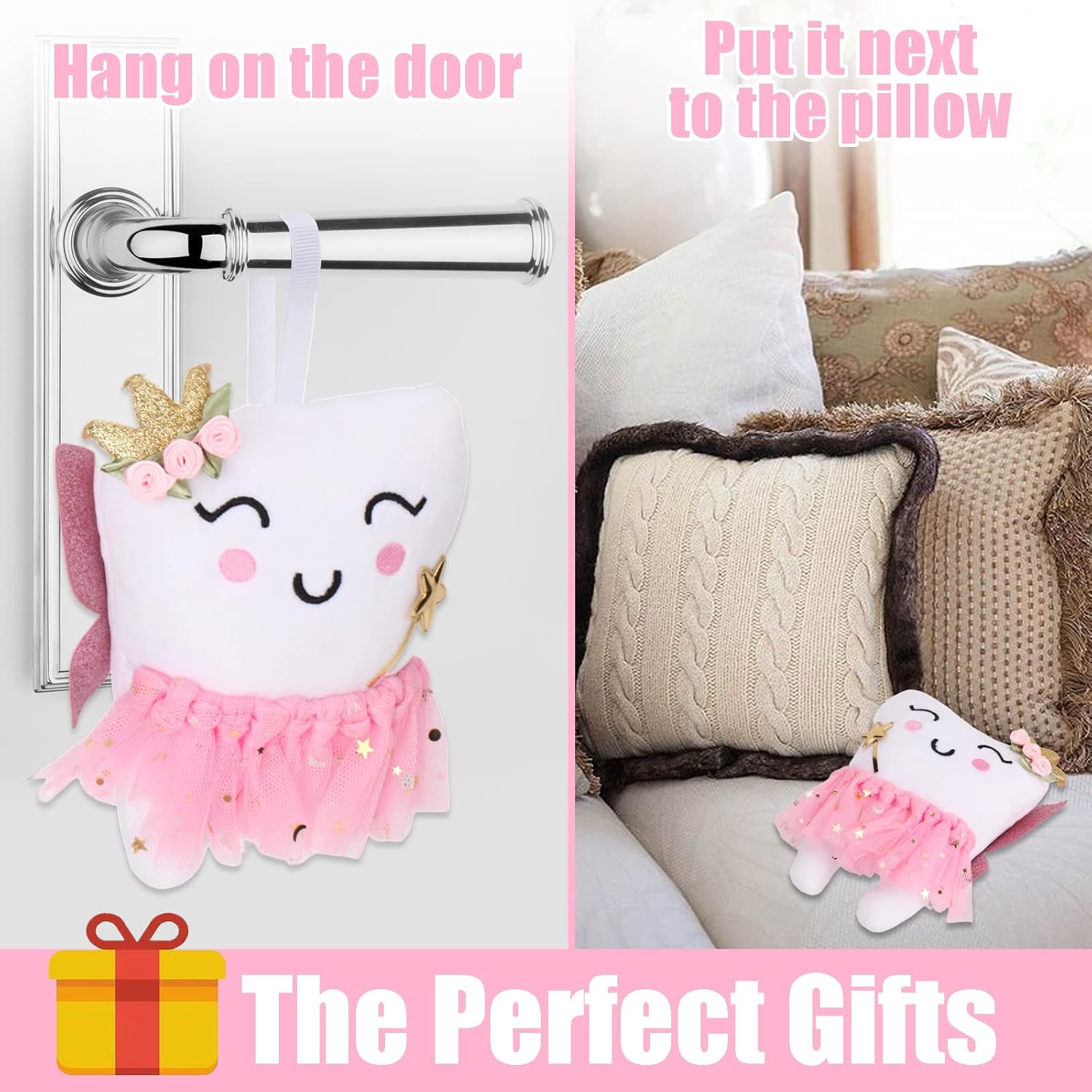 SQIMZAR Tooth Fairy Pillow,Tooth Fairy Plush Dolls Gifts for Girls with Pocket and Glittering Wings,Kit Includes a Plush Doll,Box and Certificate