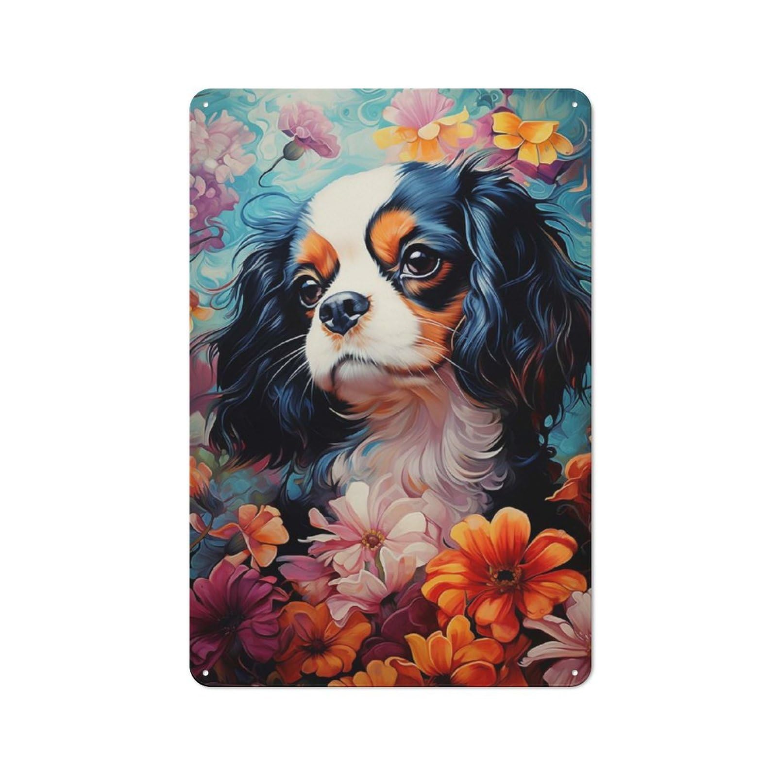 Cavalier King Charles Spaniel in Flowers Vintage Metal Sign 30x20cm for Studio Or Craft Room, for Collectors Decorating Studios And Craft Rooms