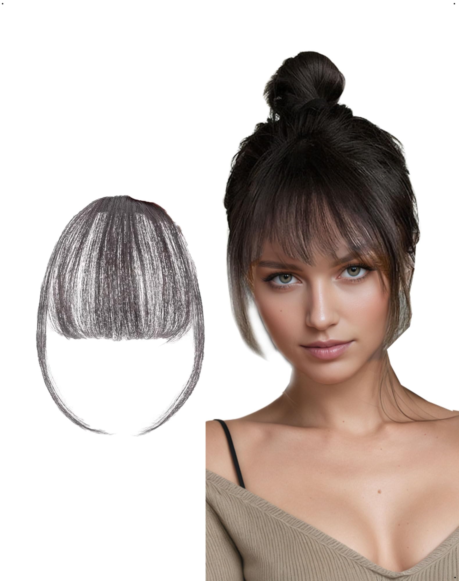 Flequillo con clip, cortina curvado 3D Air con clips invisibles en las templo, postizo pelo sintético extensiones, postizos para mujeres y niñas, uso diario, negro marrón