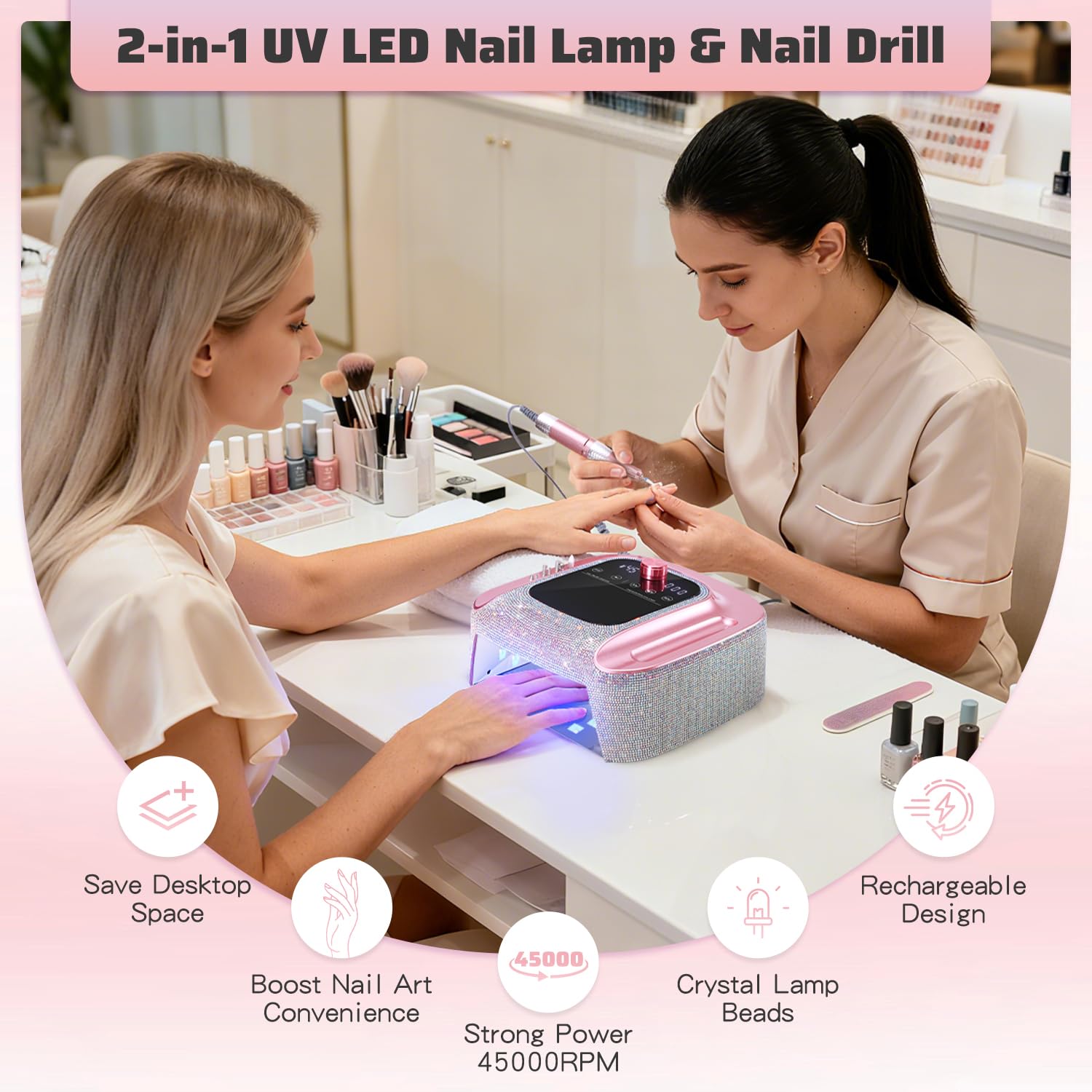 2-in-1 Rechargeable Cordless UV LED Nail Lamp & Electric Nail Drill Kit with Auto Sensor, LCD Display,45000 RPM Professional Gel Nail Dryer Machine for Home Salon Use & Training Nail Art Practice
