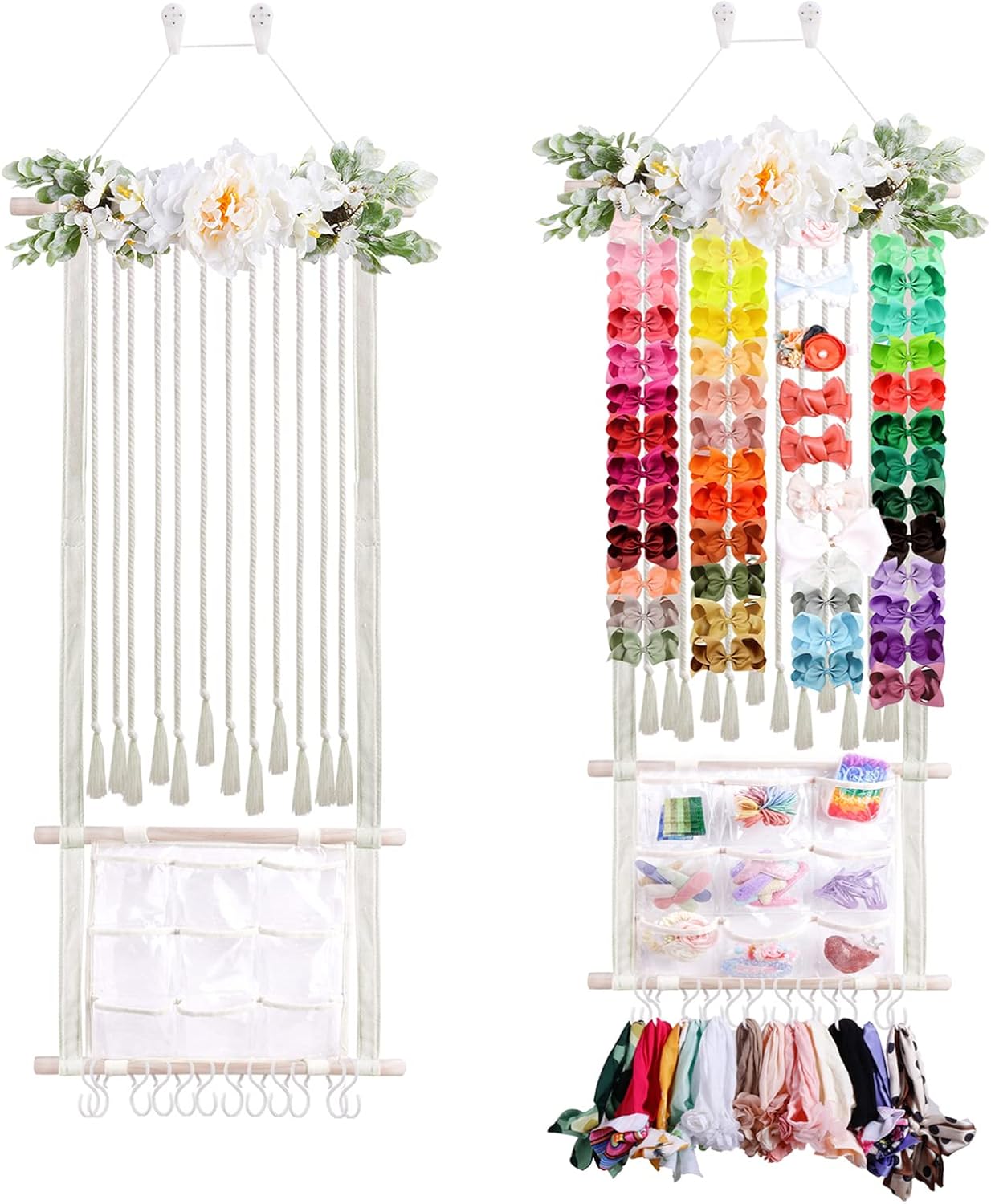 cherrboll Hair Bows Holder Headband Organizer for Girls, Hair Clips Hanger Storage with Hooks, Wall Hanging Decor for Nursery Room