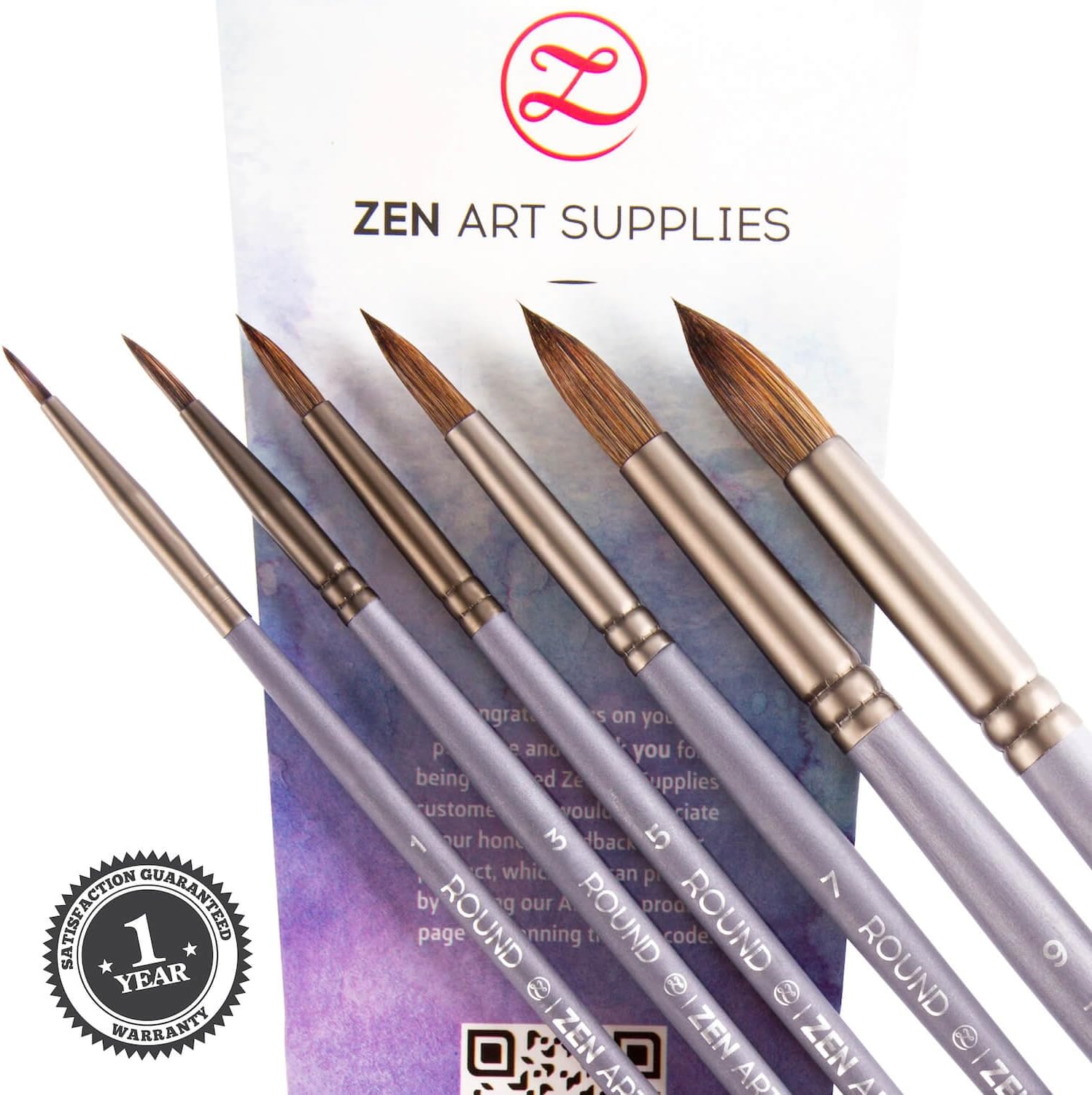 ZenArt Supplies Black Velvet Professional Artist Paint Brushes 6-Piece Set for Watercolor, Gouache, Acrylics and Oil Painting - Round Squirrel and Synthetic Mix w/Short Handle