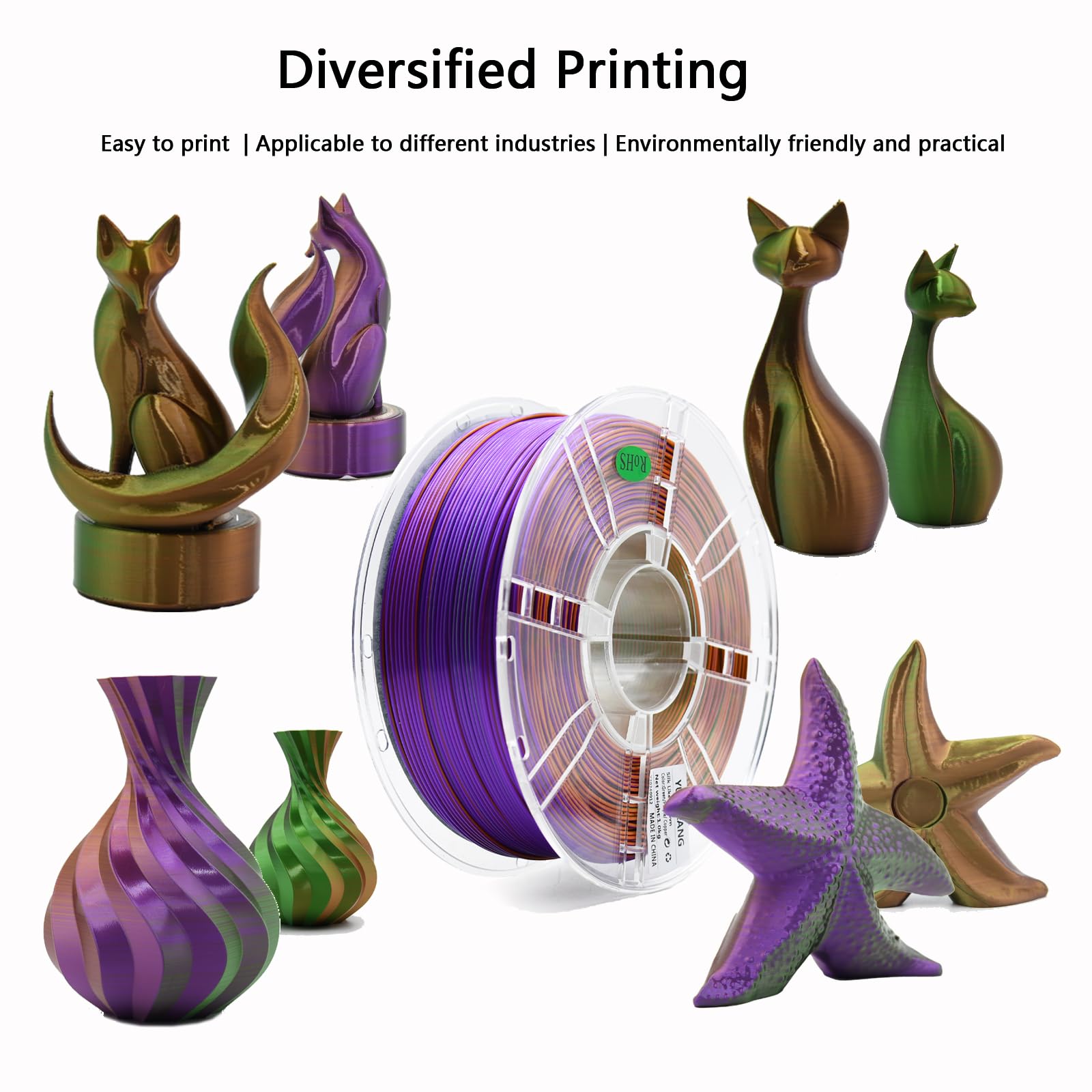 Filamento in PLA a triplo colore, 10 rotoli, bobina da 10 kg, 1,75 mm, precisione dimensionale +/- 0,03 mm, 10 diversi colori tripli