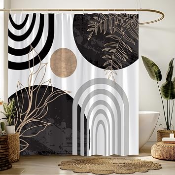 Boho Mid Century Shower Curtain Black White Moern Minimalist Leaves Arch Abstract Retro 70" Wx70 H Fabric Decorative Bathroom Curtains with Hooks,Black White Golden