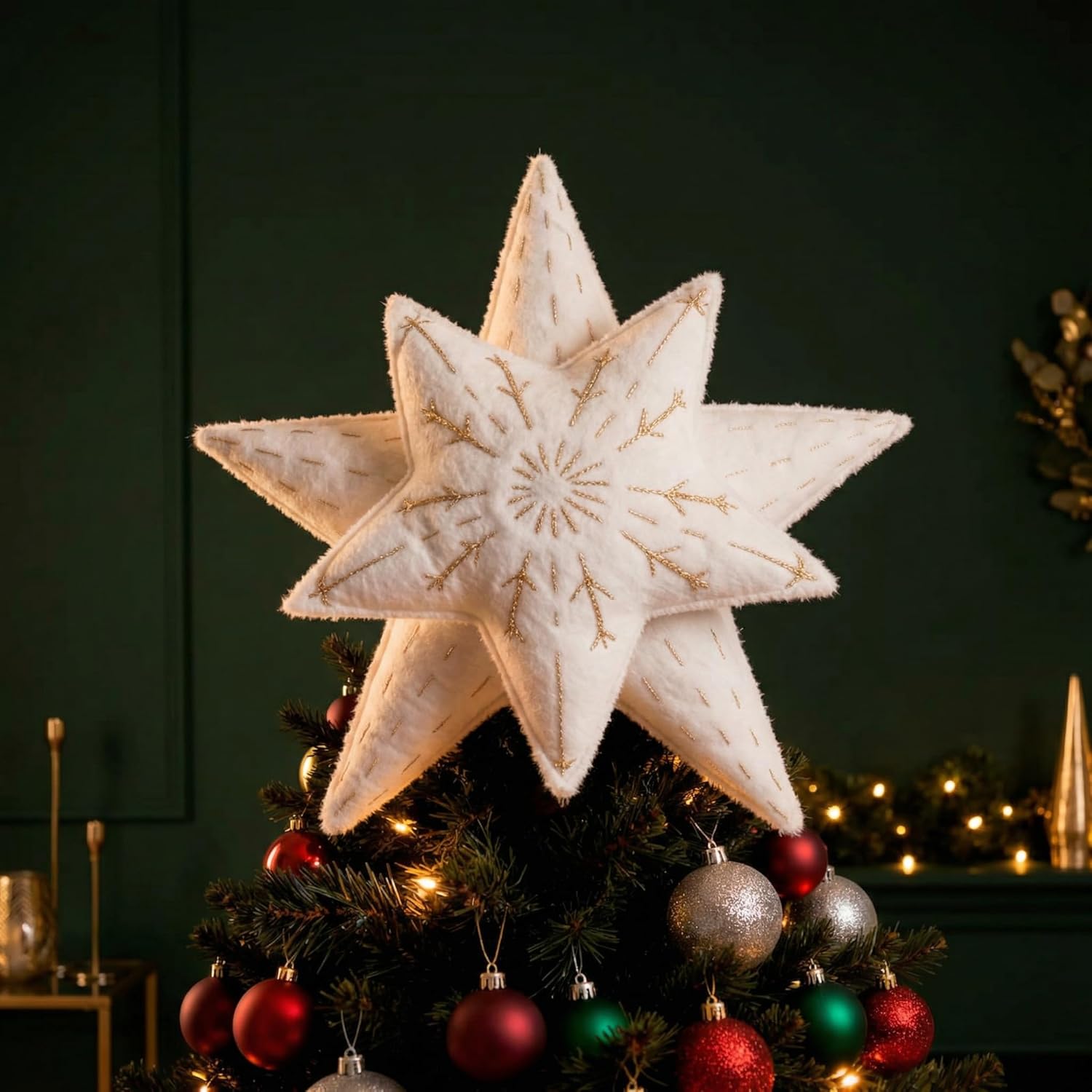 Felt Star Christmas Tree Topper 8.7" x 8.7" (22 x 22 cm) – Soft White Tree Top Star Decoration, Lightweight Scandinavian Farmhouse Holiday Decor, Cozy Felt Christmas Tree Topper