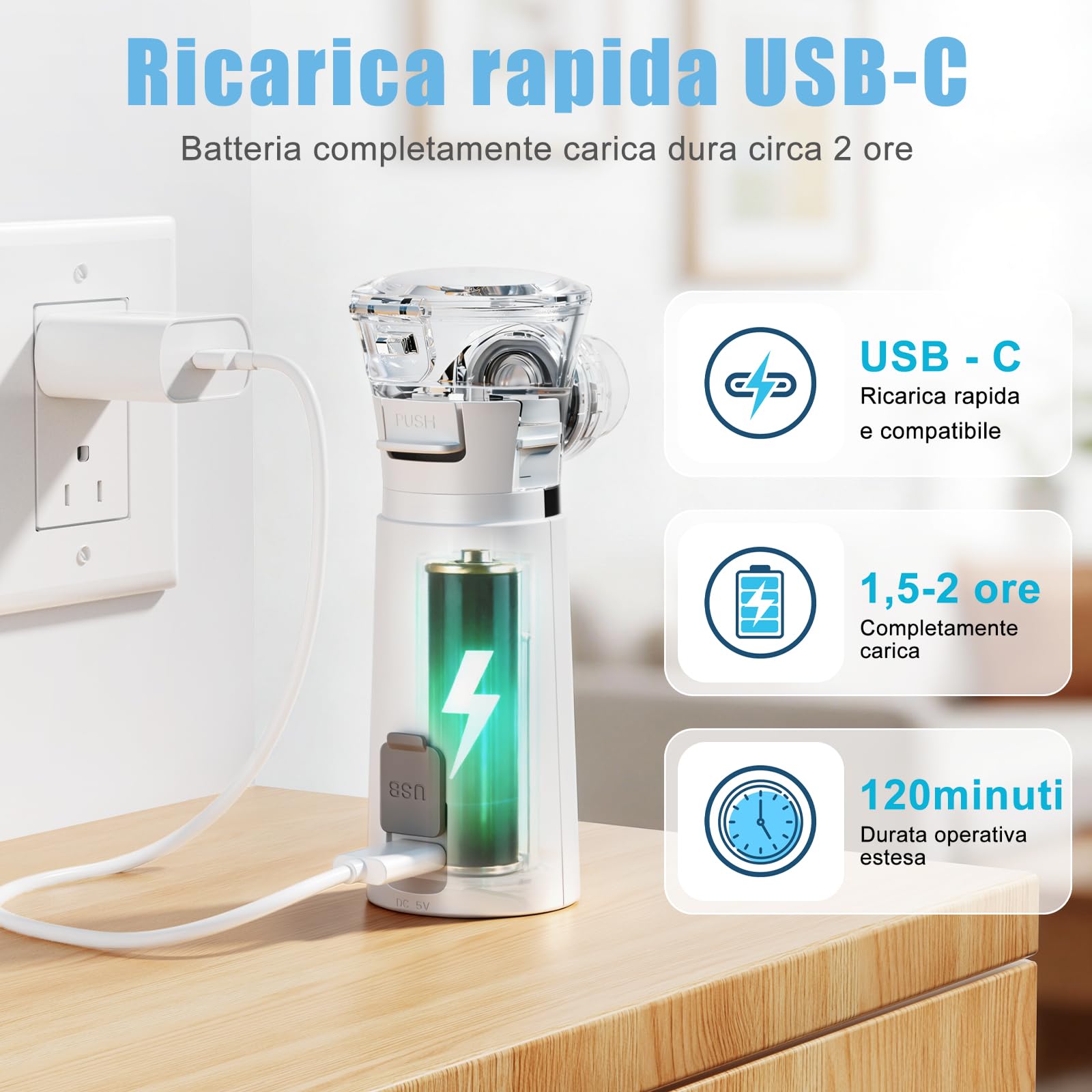 Mistara Aerosol Portatile Silenzioso con Display LED, Auto-Pulizia e USB-C | Per Adulti e Bambini, Macchina Aerosol con Timer Digitale, Mesh ≤5μm, 2 Modalità 10/20 Min, Maschere e Boccaglio Inclusi