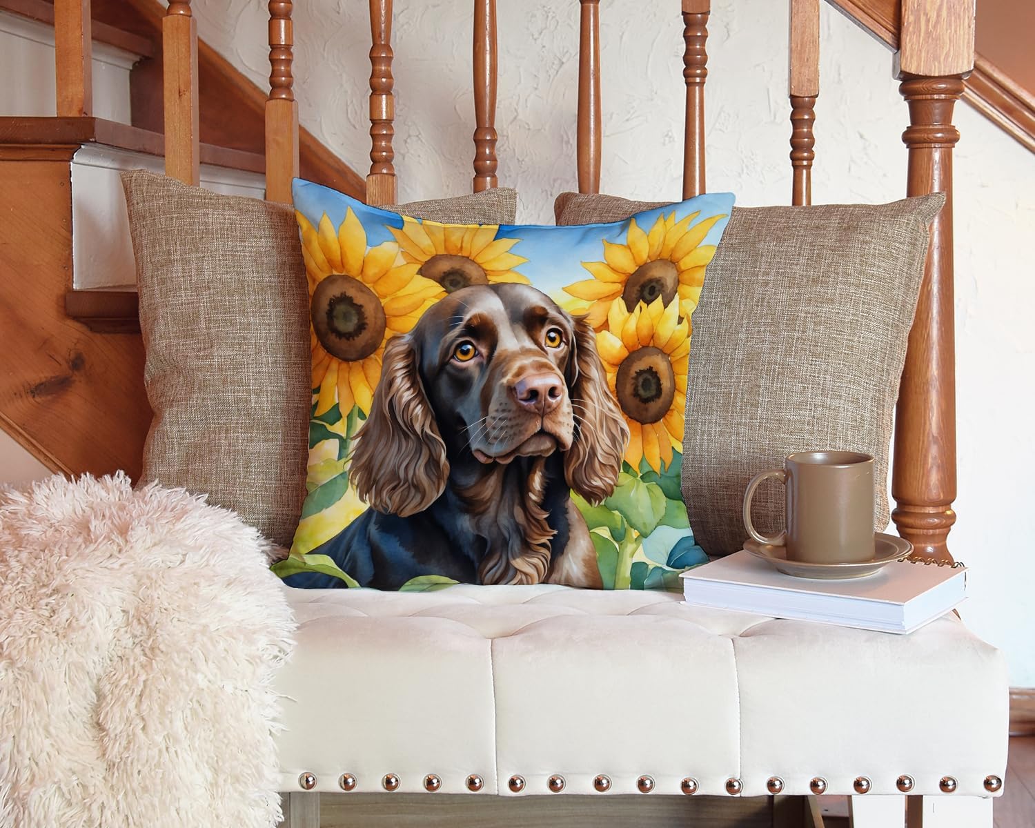 Caroline's Treasures in Sunflowers Throw Pillow, 14Hx14W, Boykin Spaniel 6039