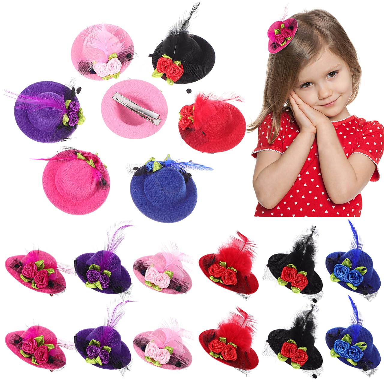 Gadpiparty Mini Hats Hair Clips Set - 24 Tiny Top Hats for Kids, Girls, Dolls, and Tea Party Supplies