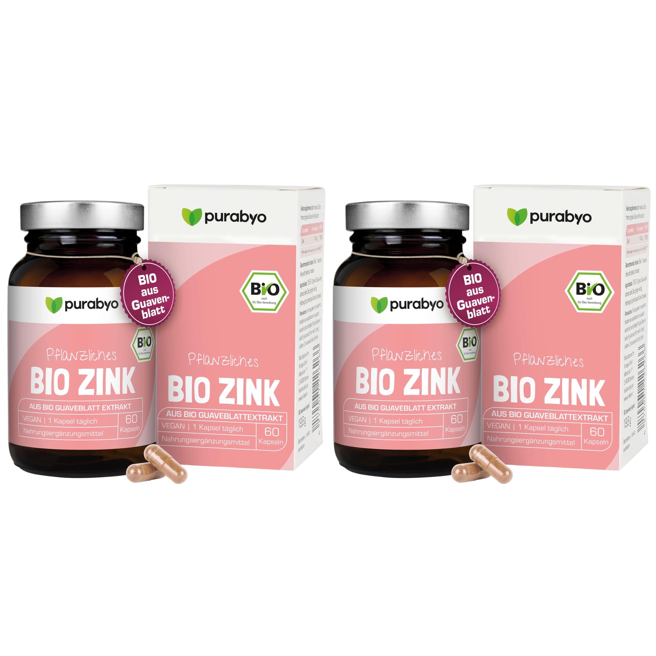 Natürliches BIO Zink aus Bio Guavenblatt Extrakt | im Glas | Zink hochdosiert 10 mg | 100% Tagesbedarf | 2- Monatsvorrat | vegan | vegan, laborgeprüft und in Deutschland hergestellt (Packung mit 2)