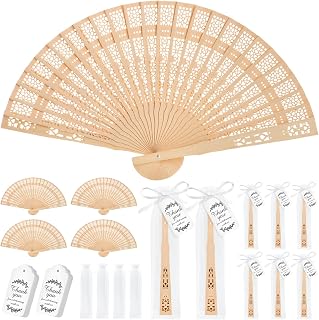 50 Sets Wooden Folding Hand Fans for Wedding Favors Bridal Shower Gifts for Guests, Summer Party Favors Bulk Return Gifts with Organza Bags and Thank You Tag