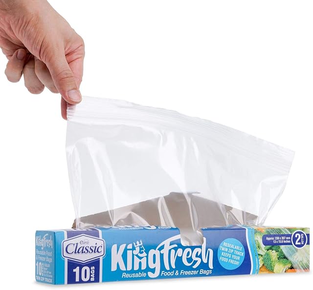Pack of 10 Plastic 'Double' Zipped Grip n Seal Food Storage Bags ~ 2 Gallon Resealable Bags ~ Extra Large Slider Freezer Bags ~ 33 x 40 cm ~ Great for Food, Sandwiches, Organization & More.