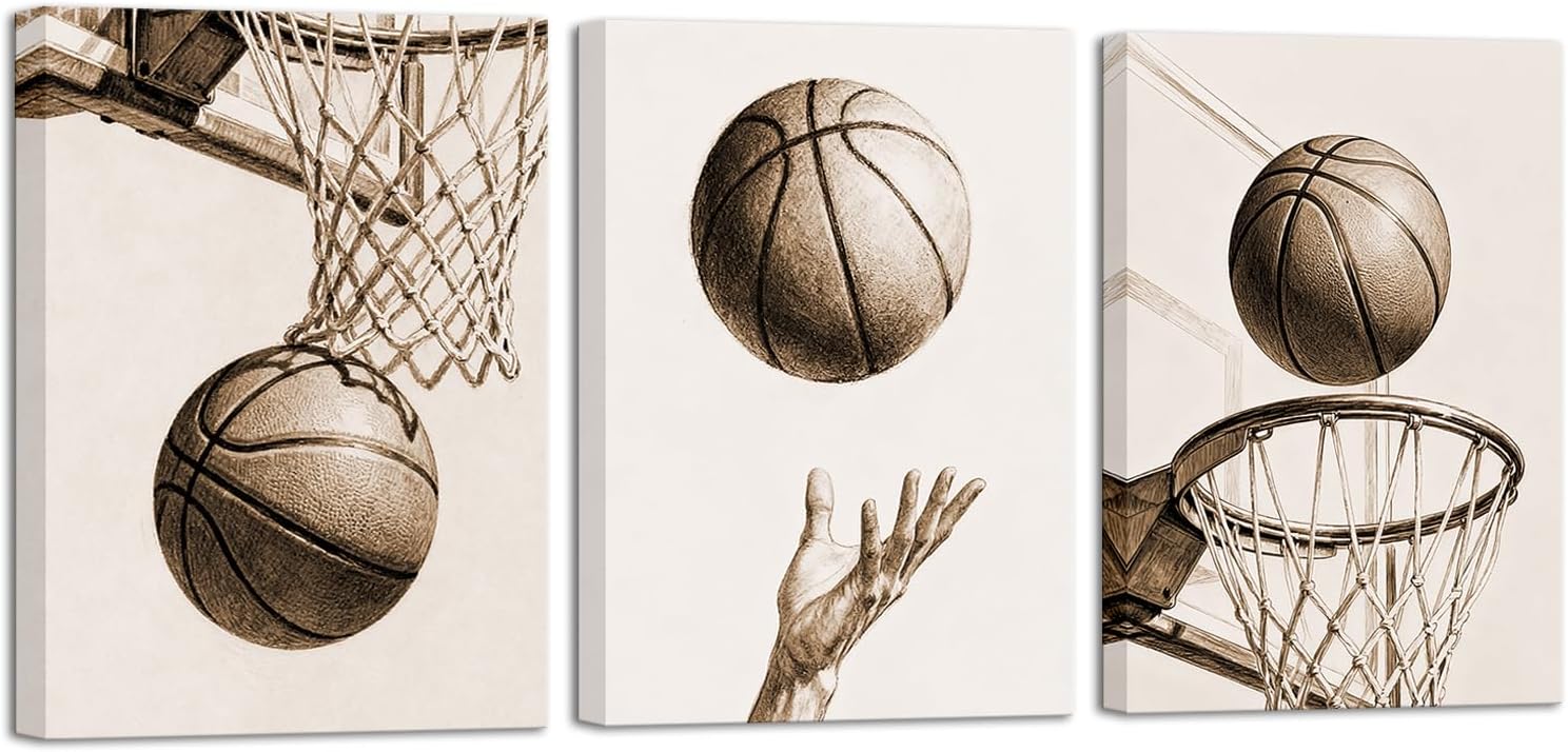Nachic Wall Vintage Basketball Wall Art for Boy's Room Basketball Hoop Painting for Kid's Room Sport Canvas Prints Artwork 12"x16"x3pcs