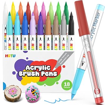 HOTU Acrylic Paint Markers Brush Tip, 18 Colors with 300% More Ink Acrylic Markers for Kids & Adults, Stocking Stuffers for Metal Wood Rocks Eggs, Christmas Gifts for Grandkids DIY, Art Supplies