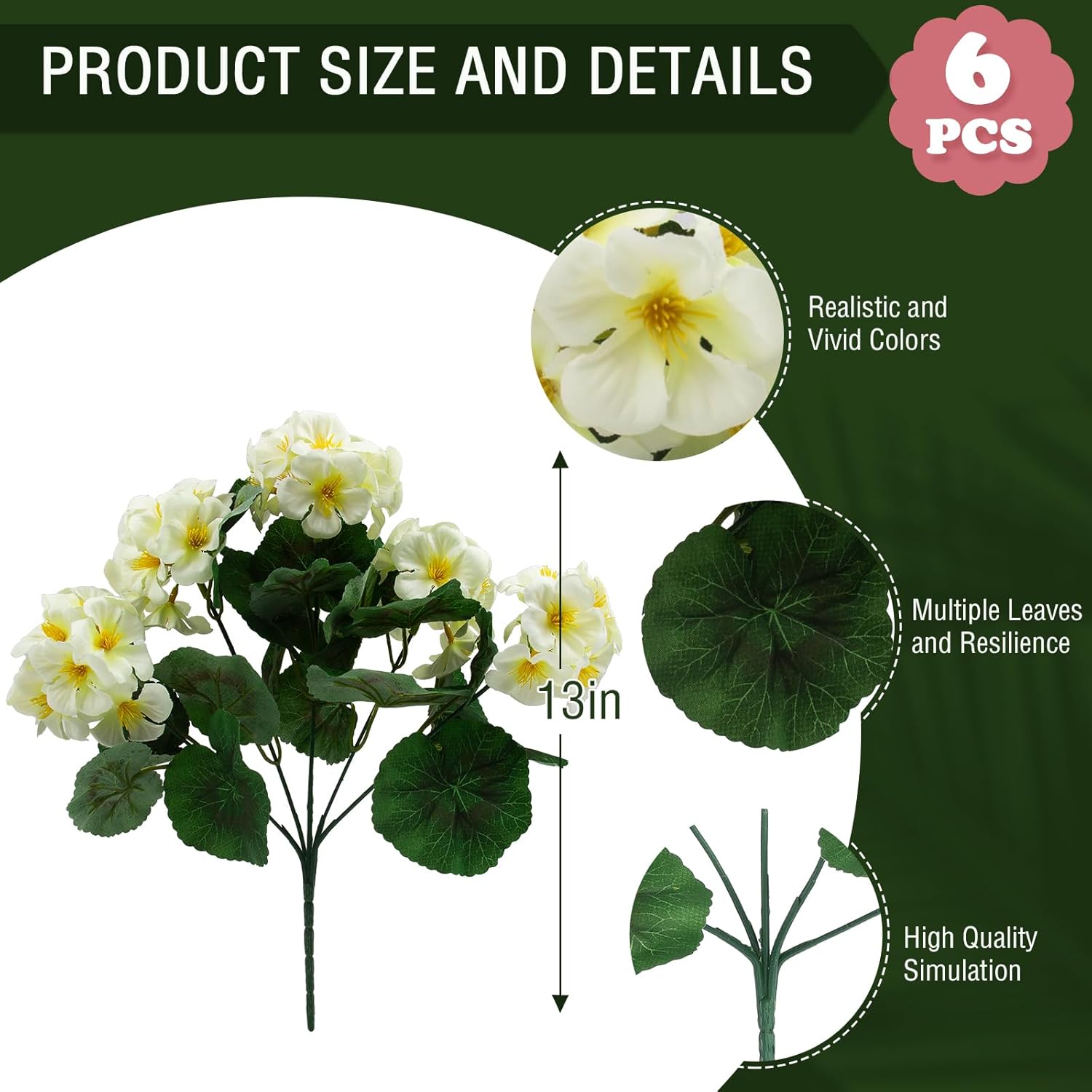 Hananona 6 Pcs Artificial Geranium Flowers for Outdoors Geranium Silk Flowers Outdoor UV Resistant Garden Plants Faux Flowers for Home Kitchen Table Centerpieces Decor (6, Snow White) - Image 2