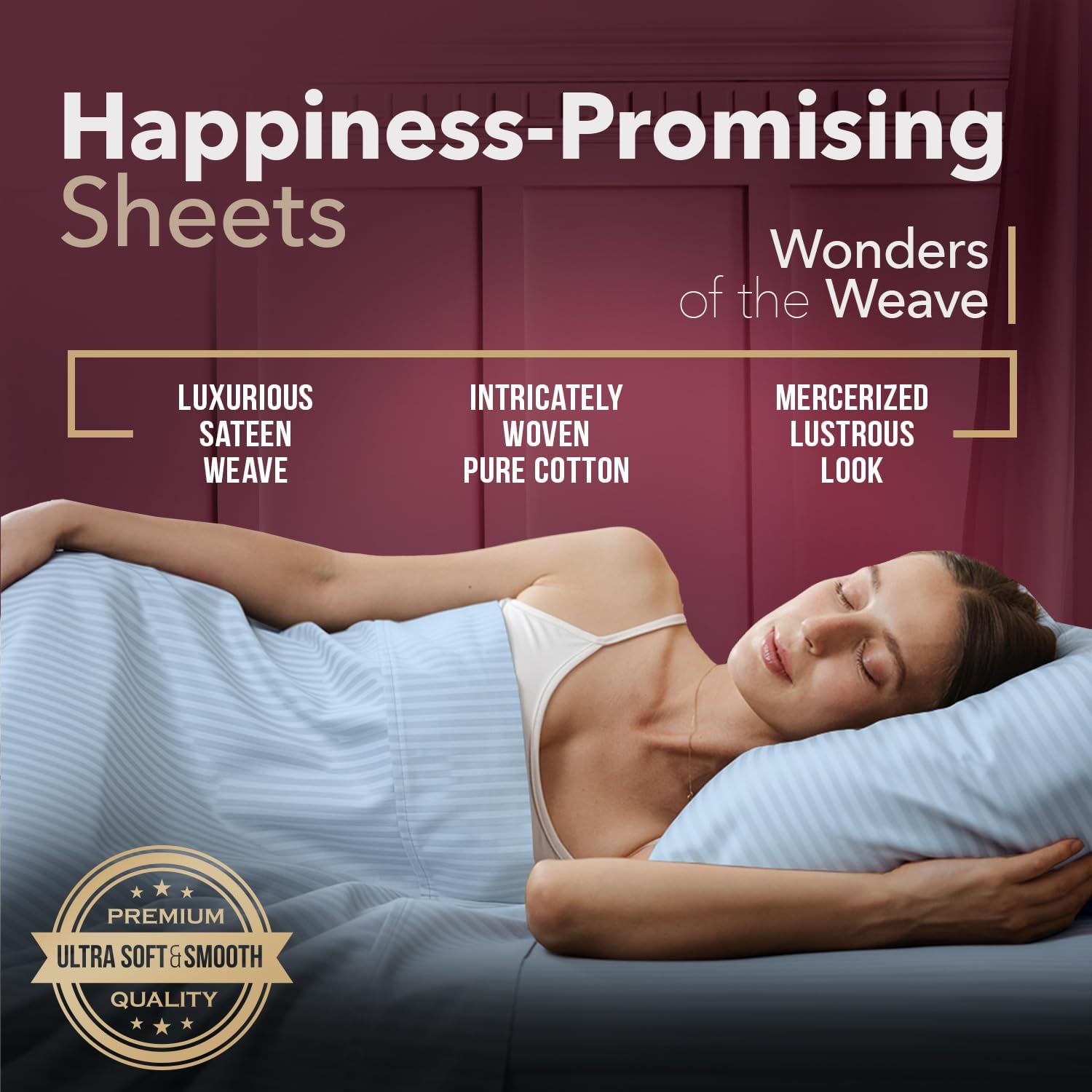 TEXAS LINEN CO. 100% Egyptian Cotton Sheets Queen Size Bed Set - Luxury 800 Series Happy Hushin' Damask Queen Sheet Set (4 PC, Light Blue Stripe), Breathable Elasticized 16" Deep Pocket Hotel Sheet