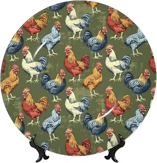 Retro Hand-painted Chicken Flock Print Decorative Plates with Stand, 7in Decorative Dish for Living Room Hallway Table Decor Art Porcelain Plate
