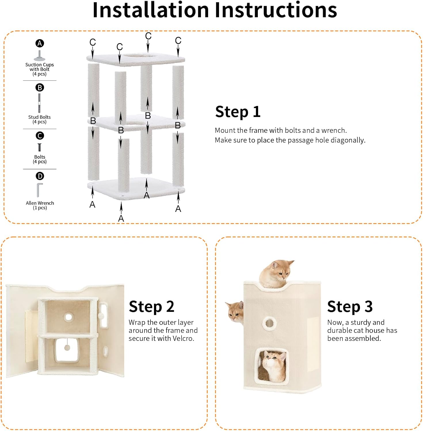 Cat House, Cat Beds for Indoor Cats, 2-Story Cat Condo Cube with Scratch Pad and Fluffy Ball Hanging, Multi-Level Cozy Hideout Center Ideal for Small/Medium Cats