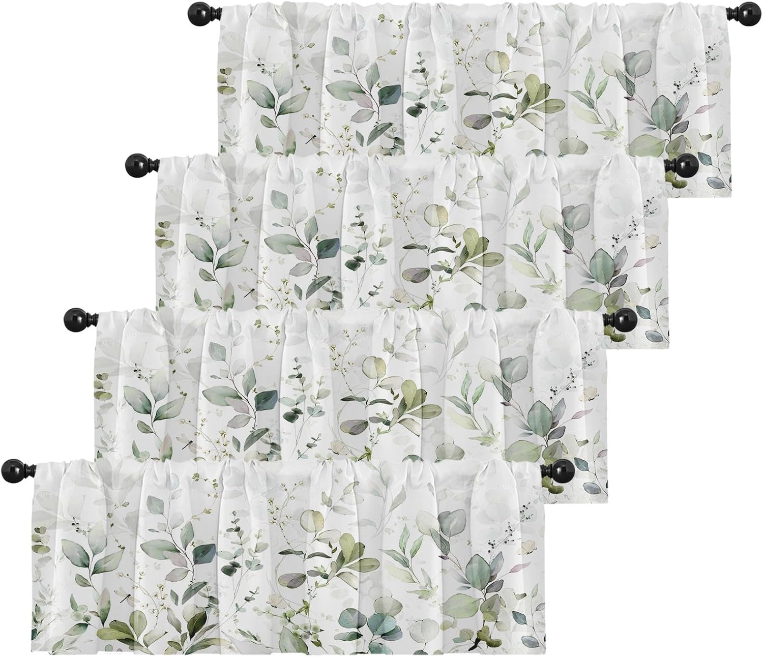 Emvency 4 Pack Valances Window Treatments, Green Watercolor Eucalyptus Leaves Blackout Adjustable for Living Room Bathroom Bedroom Kitchen Over Sink, 52x18 Inch Rod Pocket Valances