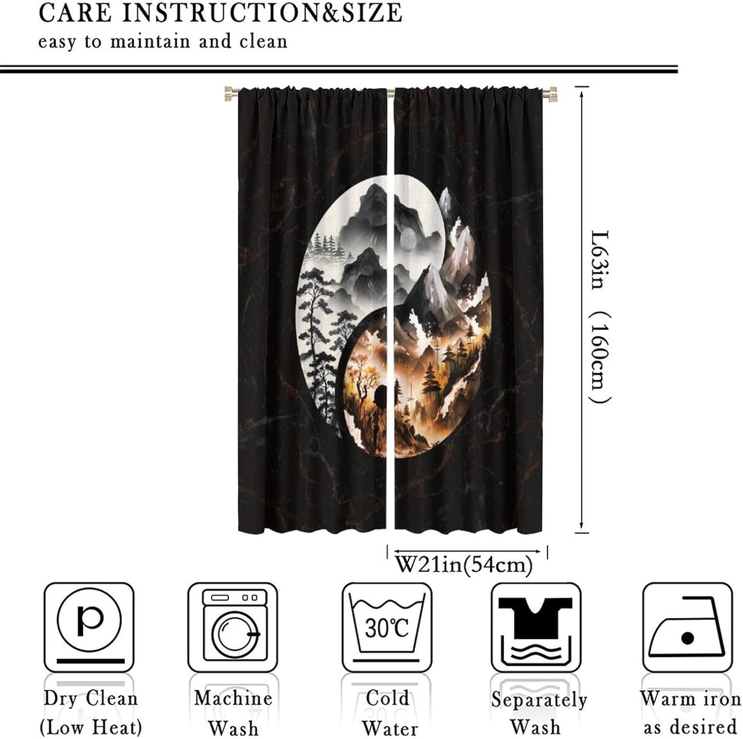 Watercolor Forest Yin Yang Blackout Curtains for Bedroom, Vintage Ink Japanese Style Yin Yang Full Moon Marble Design Rod Pocket Thermal Darkening Curtains Window Drapes 2 Panels 63"L x 21"W