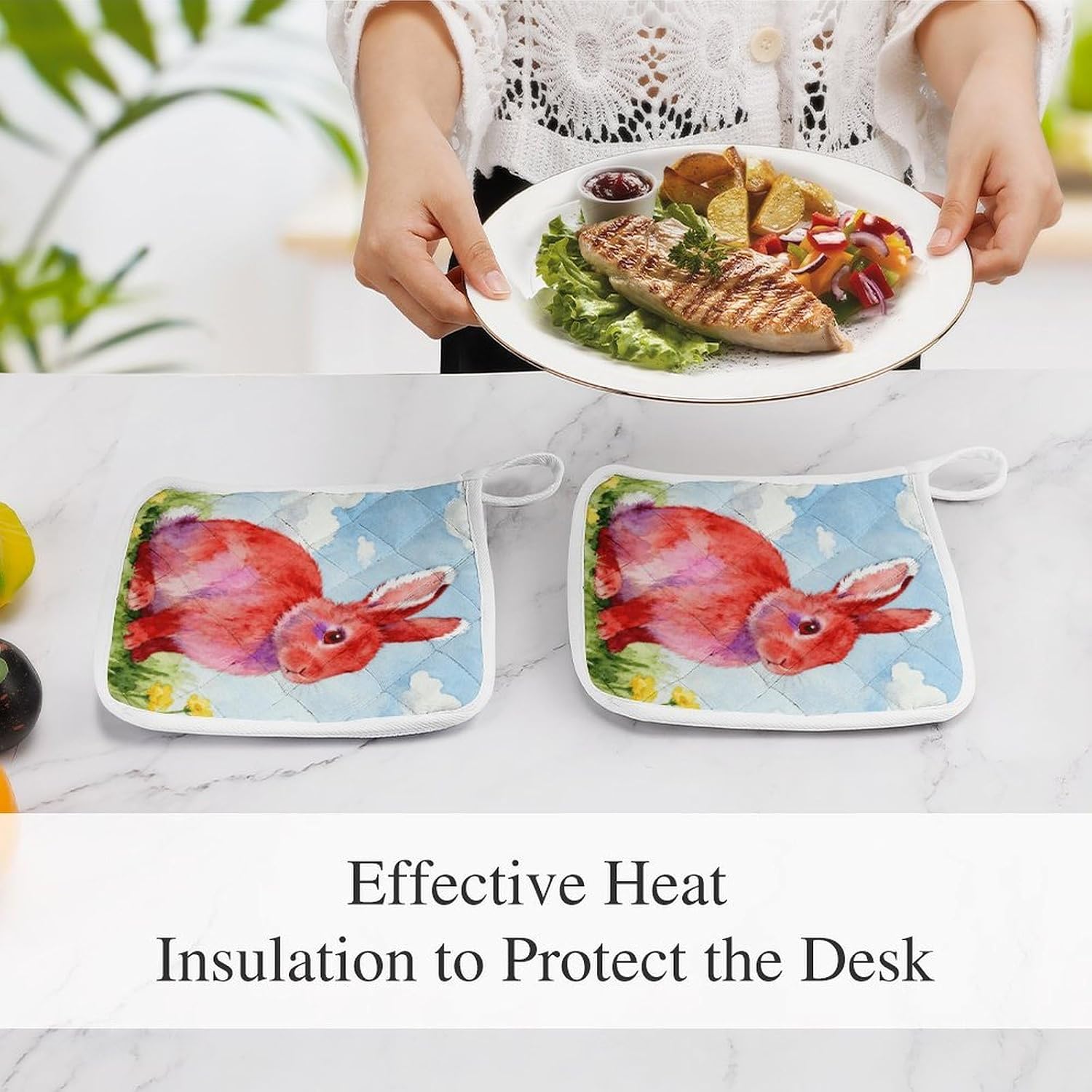 Red Rabbit Polyester Heat Resistant Pot Pad Non Slip Anti Scald Hot Dish Mat Reusable Table Protector for Kitchen Hot Pot Mat Wear Resistant Heat Proof Table Pad for Countertop Dining Room