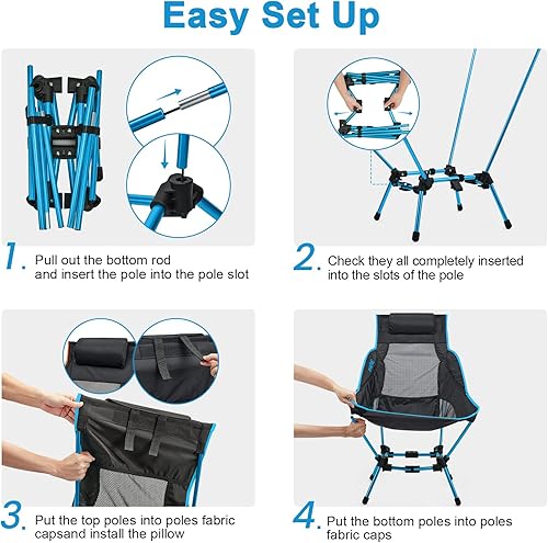 Miniatura 4 de G4Free Silla de camping plegable silla de campamento ligera de respaldo alto con almohada extraíble bolsillo lateral y bolsa de transporte compacta