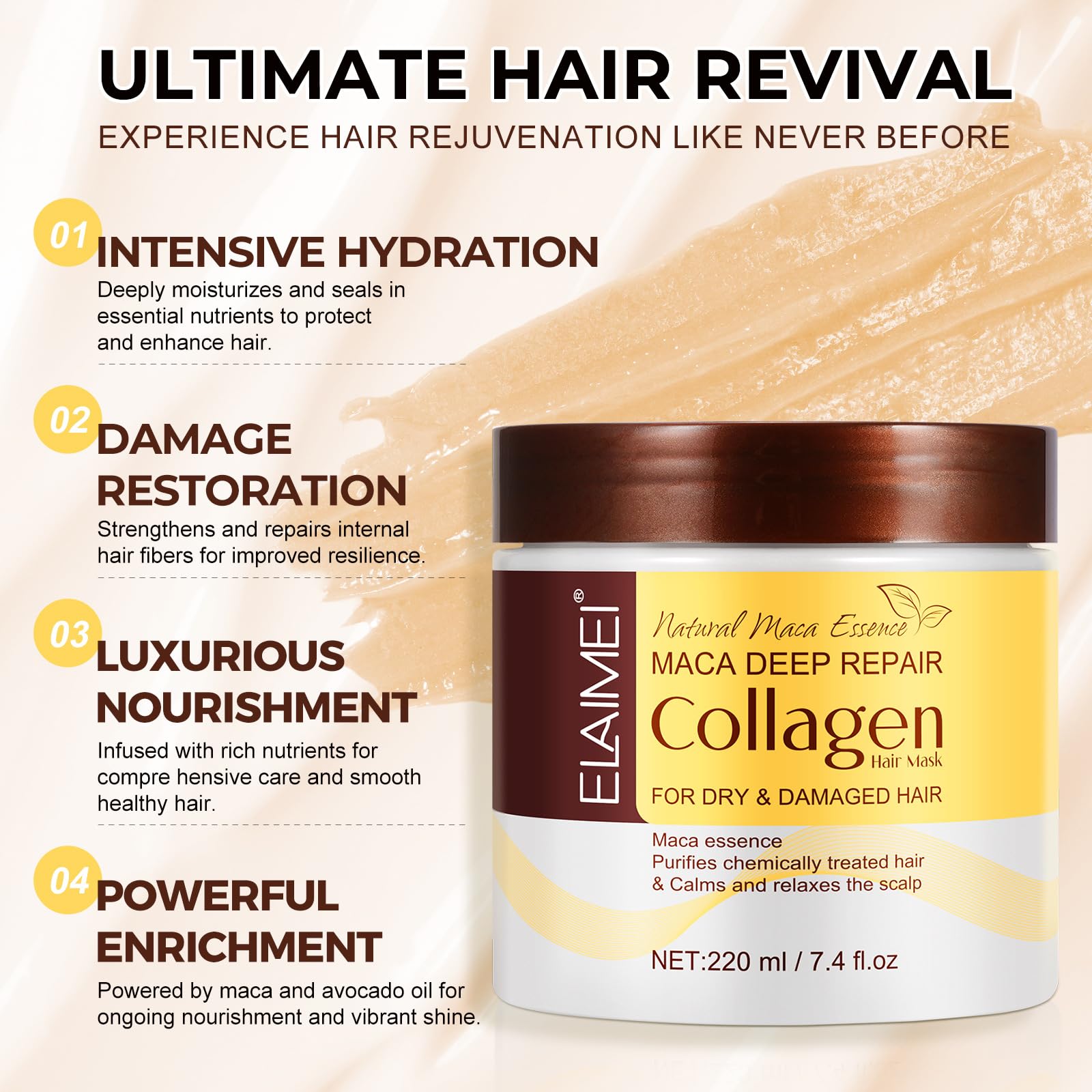 ALPAIS Collagen Hair Treatment Mask, Deep Repair Conditioning Hair Mask with Collagen, Maca, Avocado Oil for All Hair Types, 7.4 FL OZ
