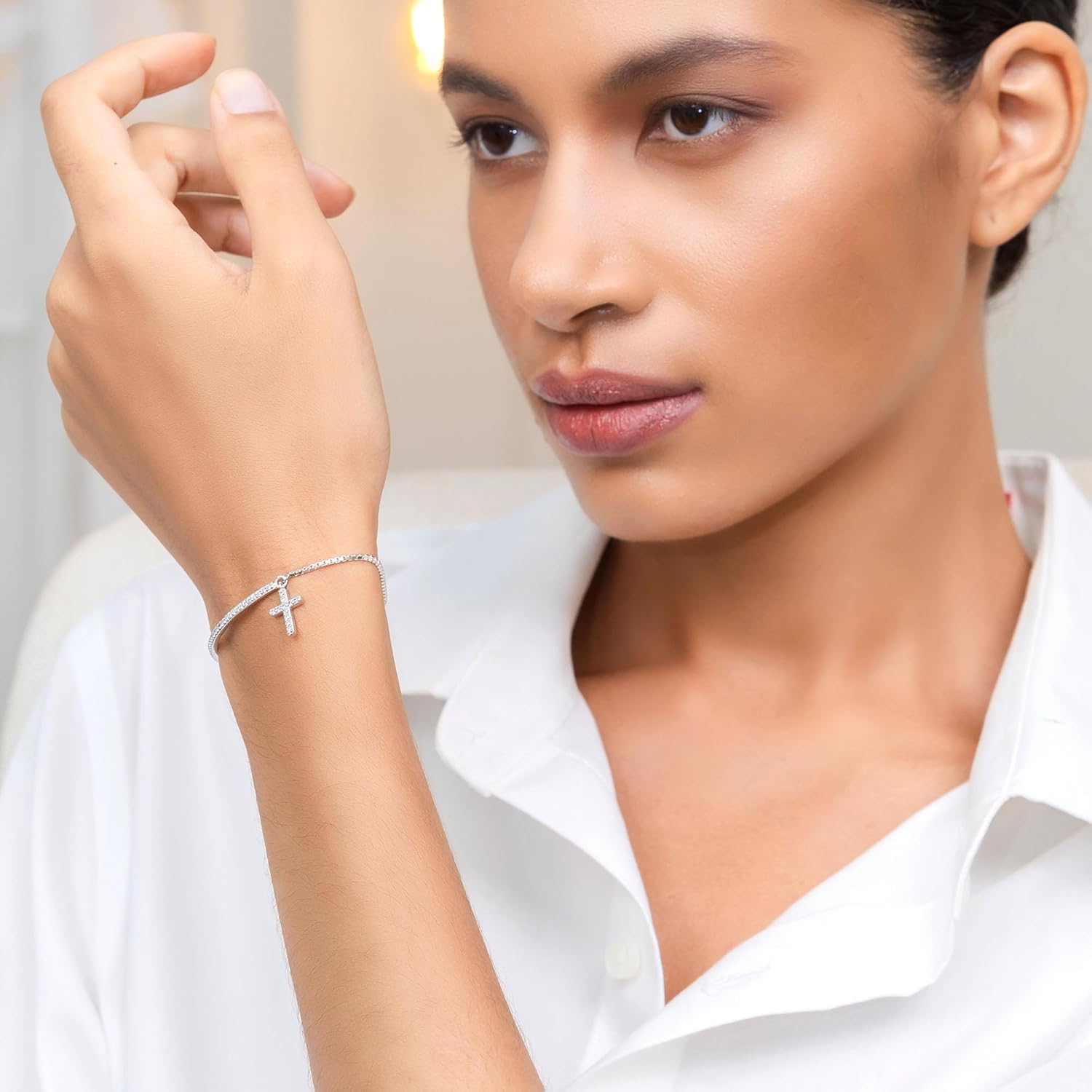 Hoops & Loops Sterling Silver Cubic Zirconia Cross & Bar Adjustable Pullstring Bracelet