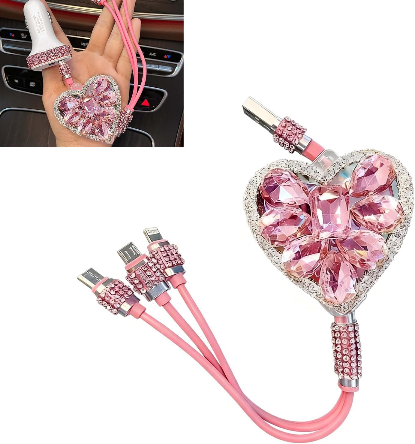 Car Multi-function Cable, 4-length Cigarette Lighter Retractable Cord, 3 in 1 Type-C Lightning Micro USB Cable with Luxury Rhinestone Decoration, Fast Power Connector for Most Devices (Pink)