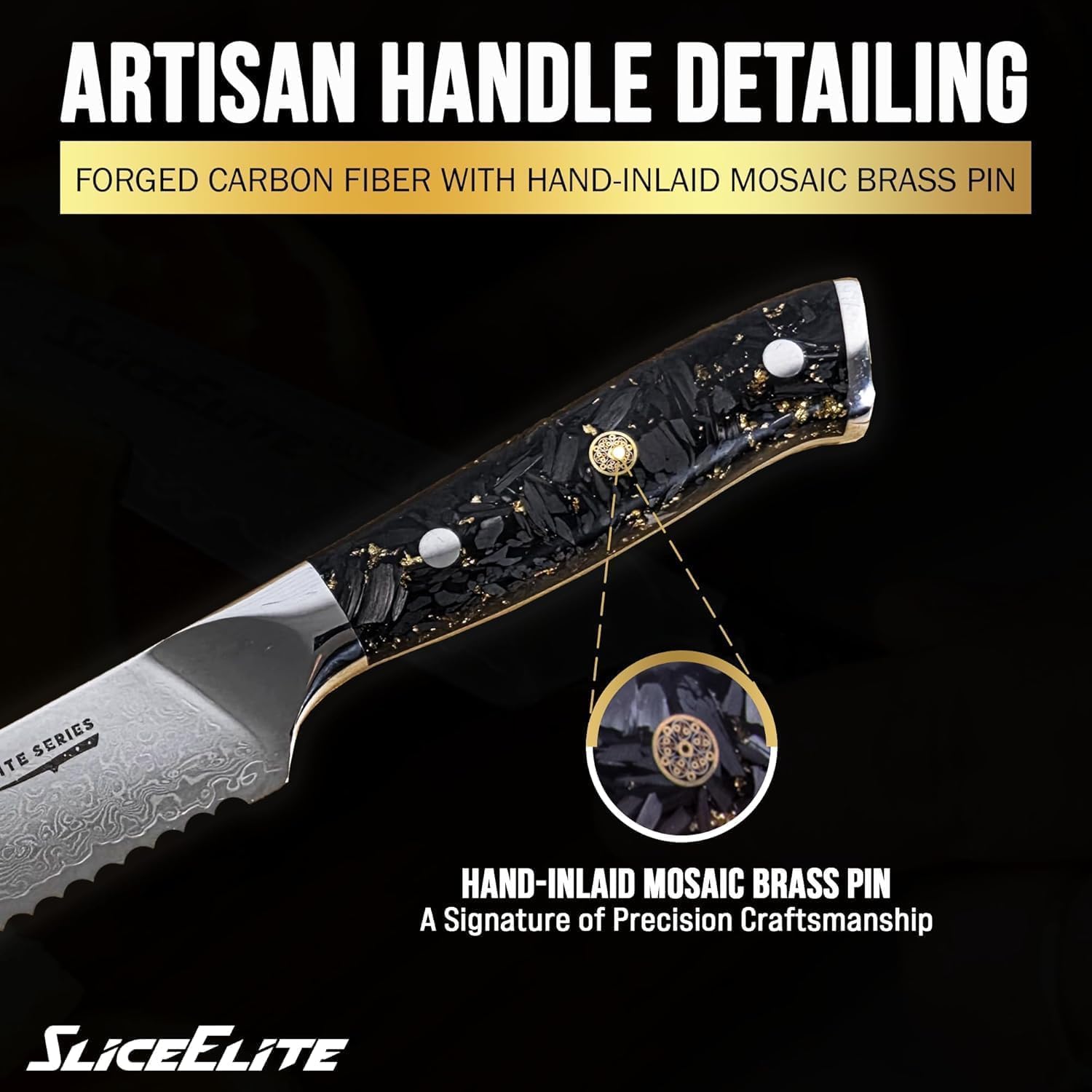 SliceElite Elite Series 8 Inch Bread Knife VG10 Damascus Steel Forged Carbon Fiber Handle Serrated Edge Kitchen Bread Cutter Sourdough Slicer Cake Cutting Fruit Vegetable Tool Sandwich Chef Gift Blade