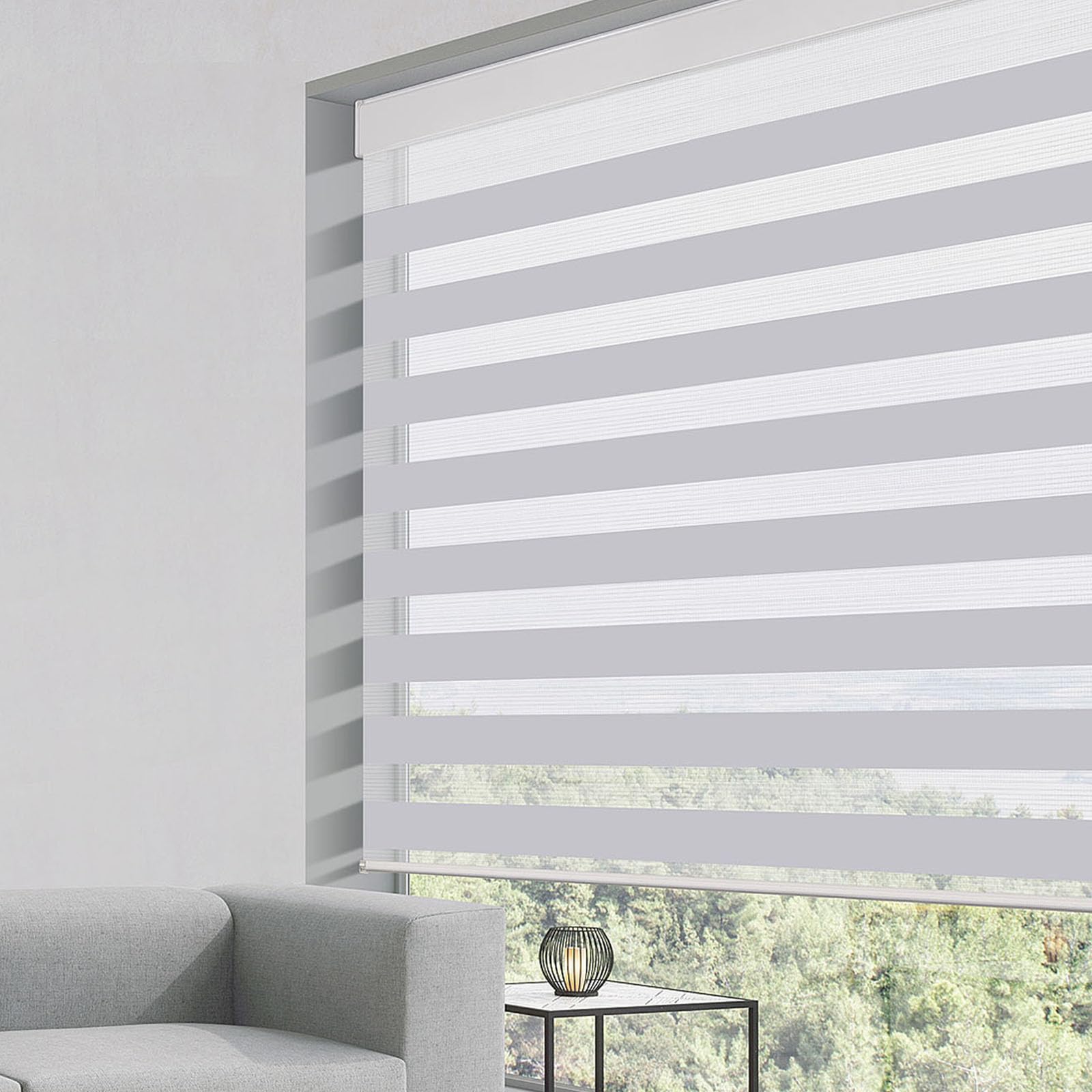 Grandekor Zebra Blinds for Windows with Valance Cover, Horizontal Dual Roller Shades Light Filtering Light Control Treatments Privacy Day and Night for Bedroom Living Room, Light Grey, 27" W x 72" H