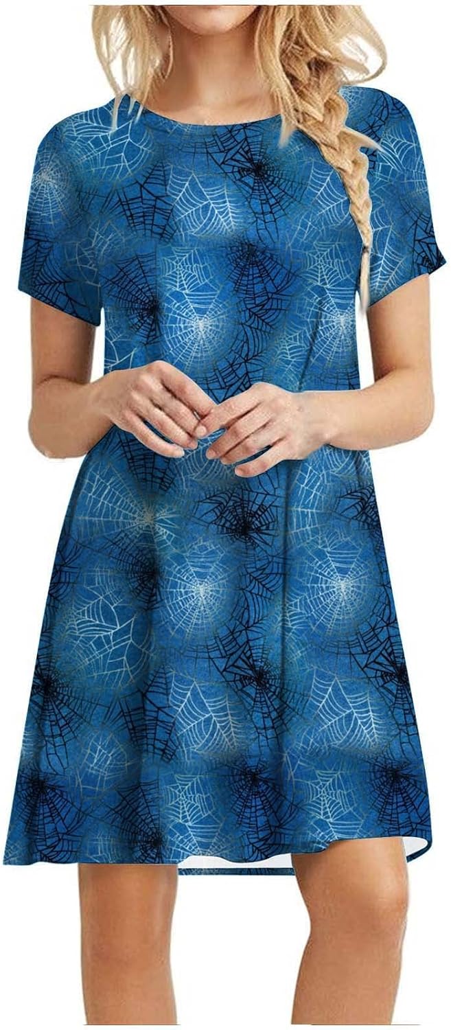 Women's 2022 Halloween Dresses Casual Round Neck Short Sleeve Tunic Dress Novelty Bat Print Mini Swing Dresses : Sports & Outdoors