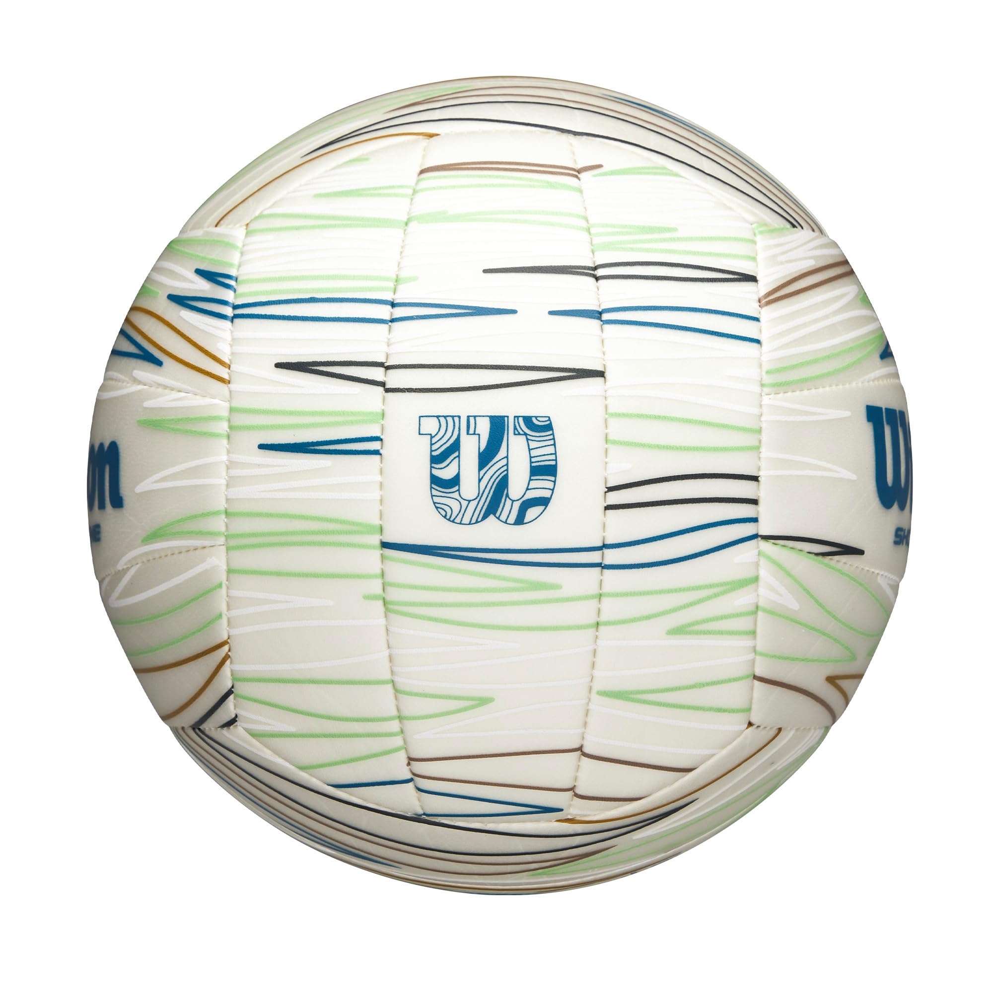 Wilson Balón de Voleibol Shoreline Gen Green, Hecho con Materiales Sostenibles, Exterior de TPU Reciclado y un Diseño Cosido por Expertos, Juega con Propósito, Color: Blanco/Azul, Tamaño Oficial