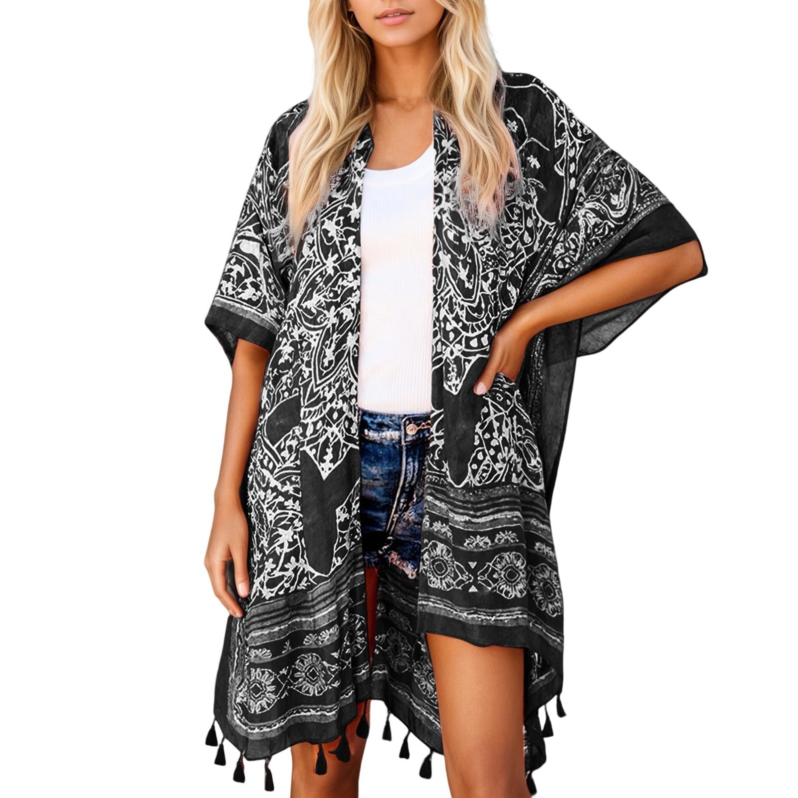 Generisch Veste Cardigan Femme Cardigan Imprimé Floral Léger Été Printemps Décontracté Coupe Ample Pull Ouvert Devant pour Jeans