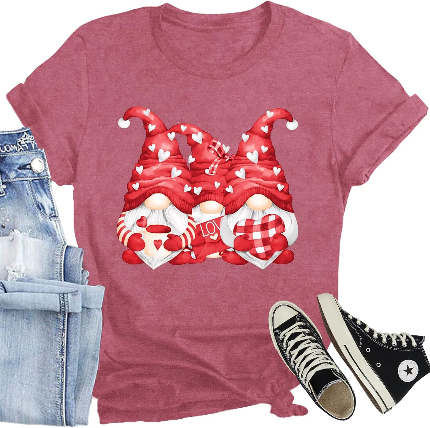 Women Valentines Day Shirts Cute Gnome Love Heart T-Shirt Casual Lover Wife Day Tee Tops