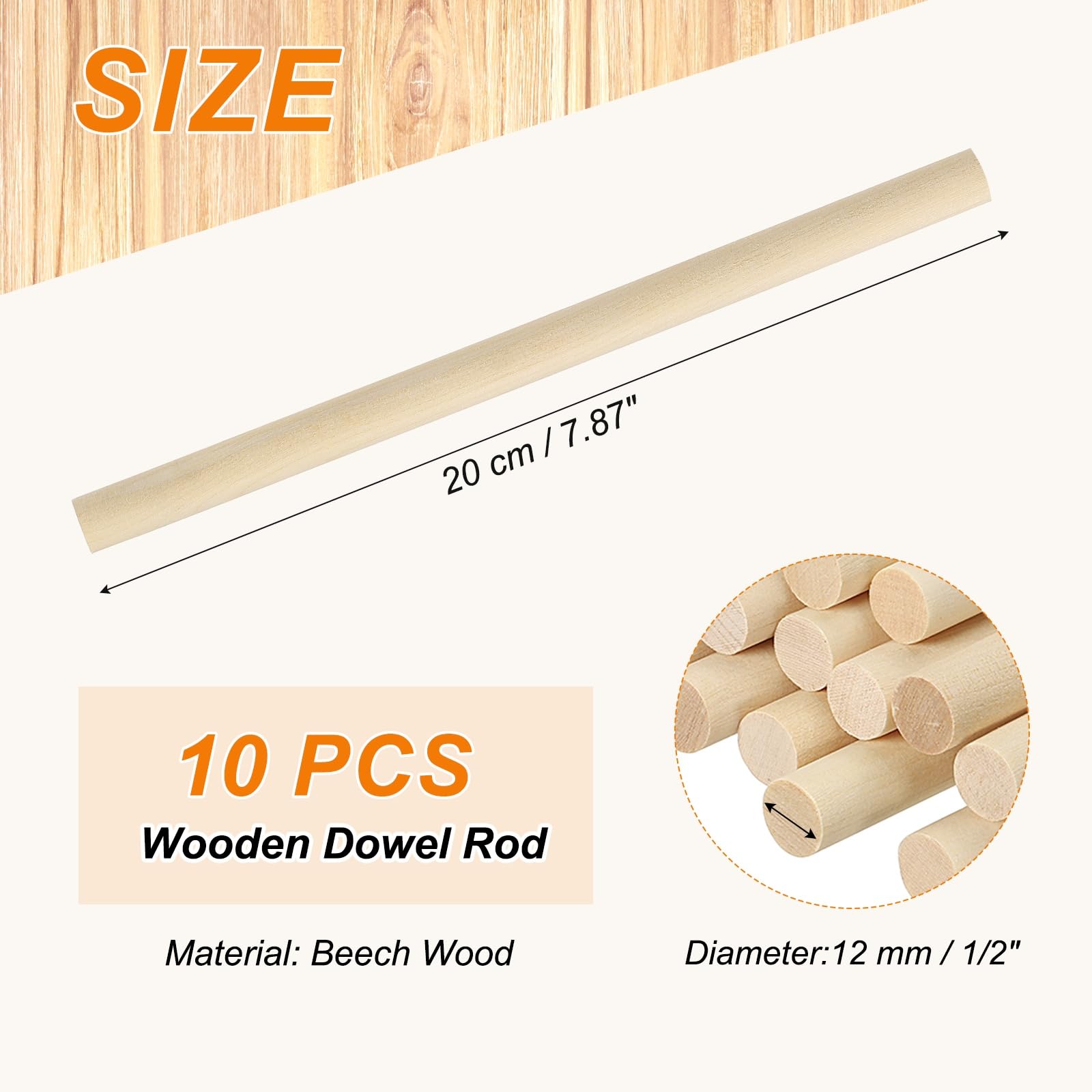 PATIKIL 1/2 x 8 Inch Wooden Dowel Rod 10 Pcs Wood Dowels for Craft Natural Color - Image 2
