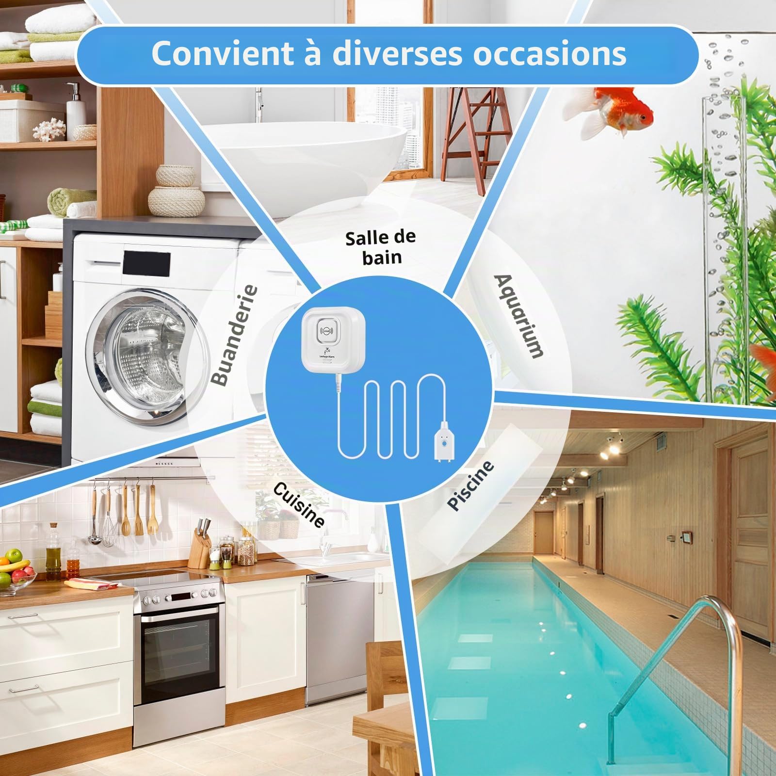 Detecteur de Fuite d'eau, 2,4GHz WiFi Alarme Maison sans Fil Compatible avec L'application Tuya, 100dB Capteur de Niveau d'eau avec 105cm Détachable Câble Alarme Piscine pour Cuisines, Caves, Sols