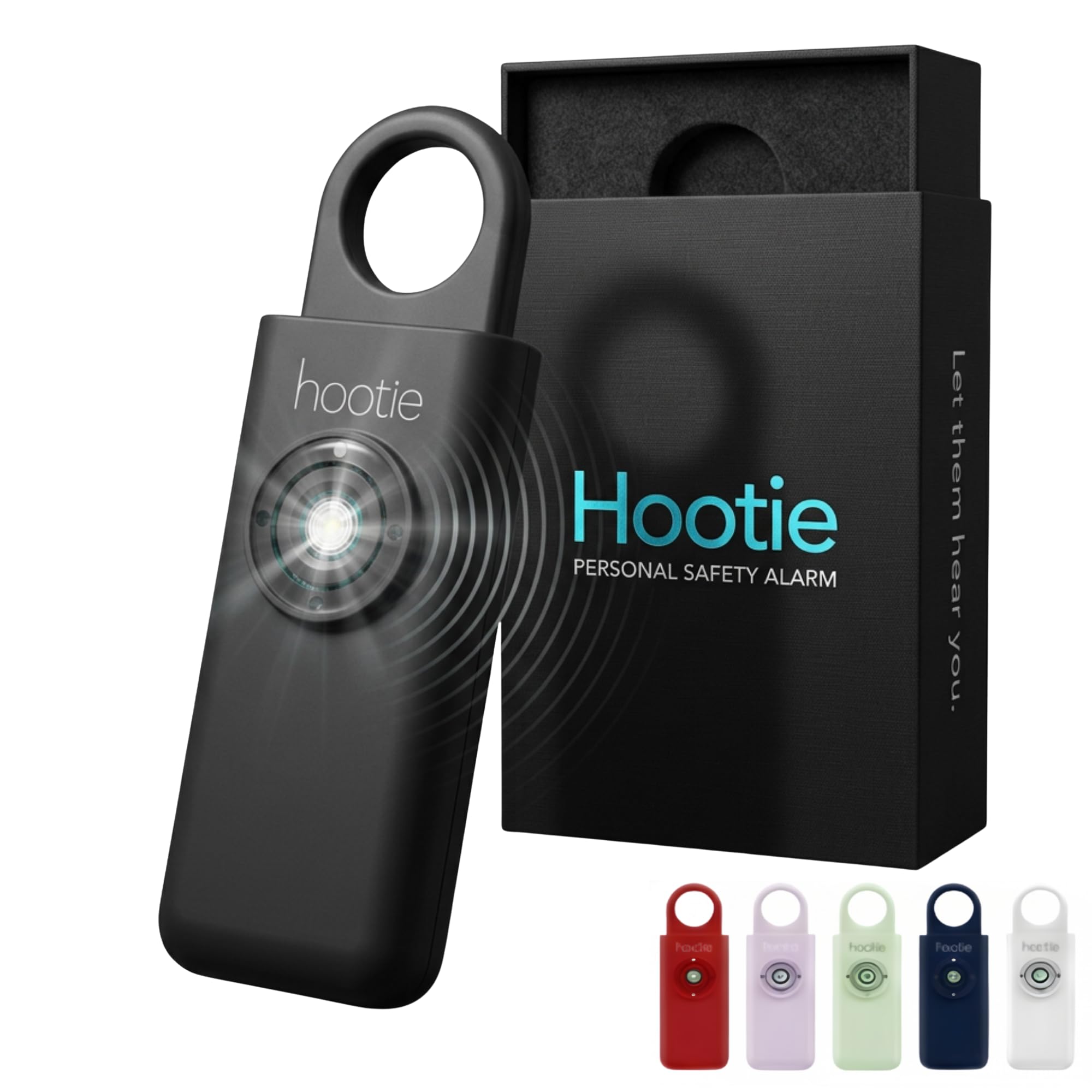 Hootie Personal Keychain Alarm - Hand Held Safety Siren for Self Defense and Emergency, Loud Pocket and Key-Chain-Safe Sound Device with Panic Strobe Light, Black