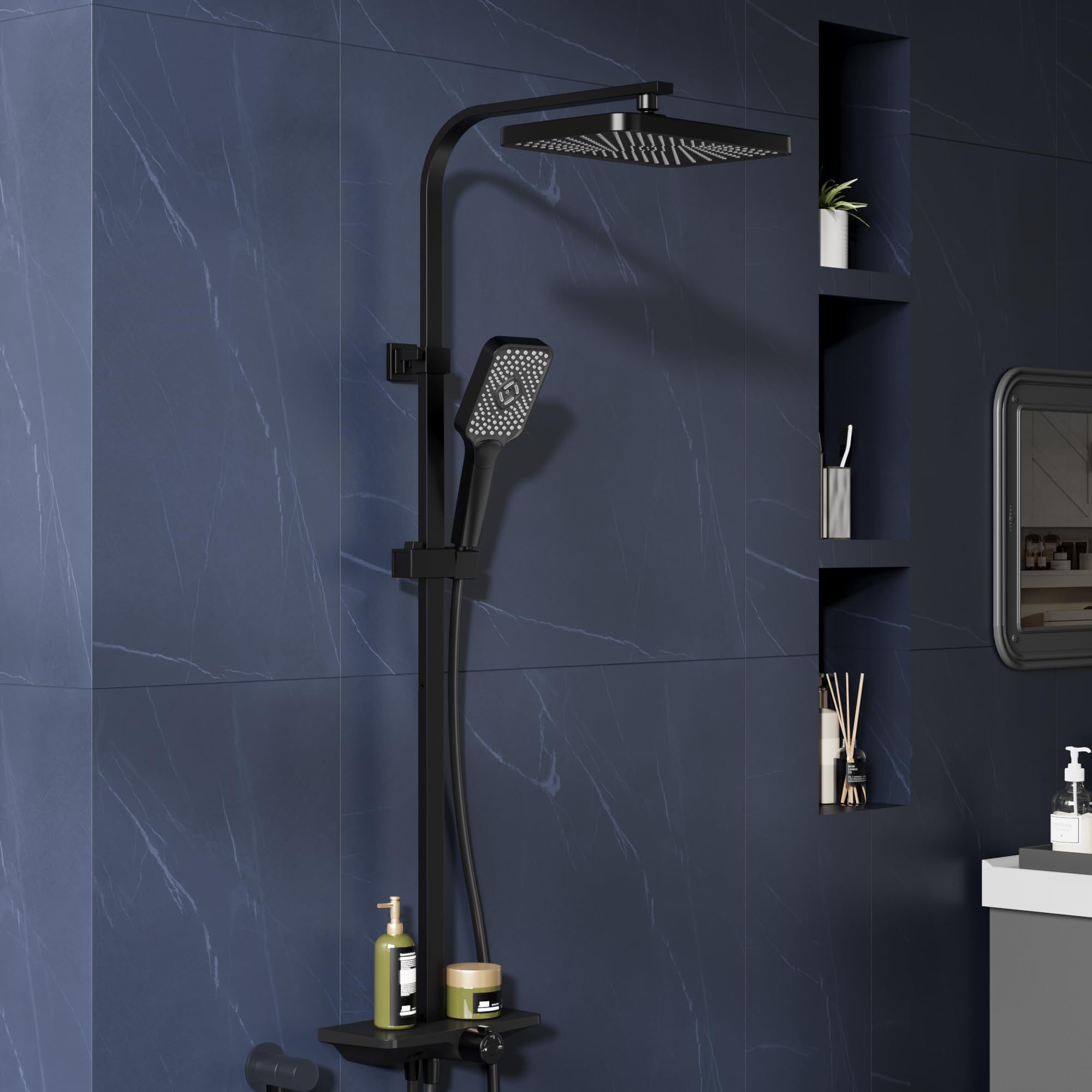 Columna de ducha de lluvia negra sin grifería con estante – mecanismo de ducha ajustable – Cabezal cuadrado de acero inoxidable 30x20.5 cm – Barra de ducha y rociador superior – Tubo cuadrado – Color: