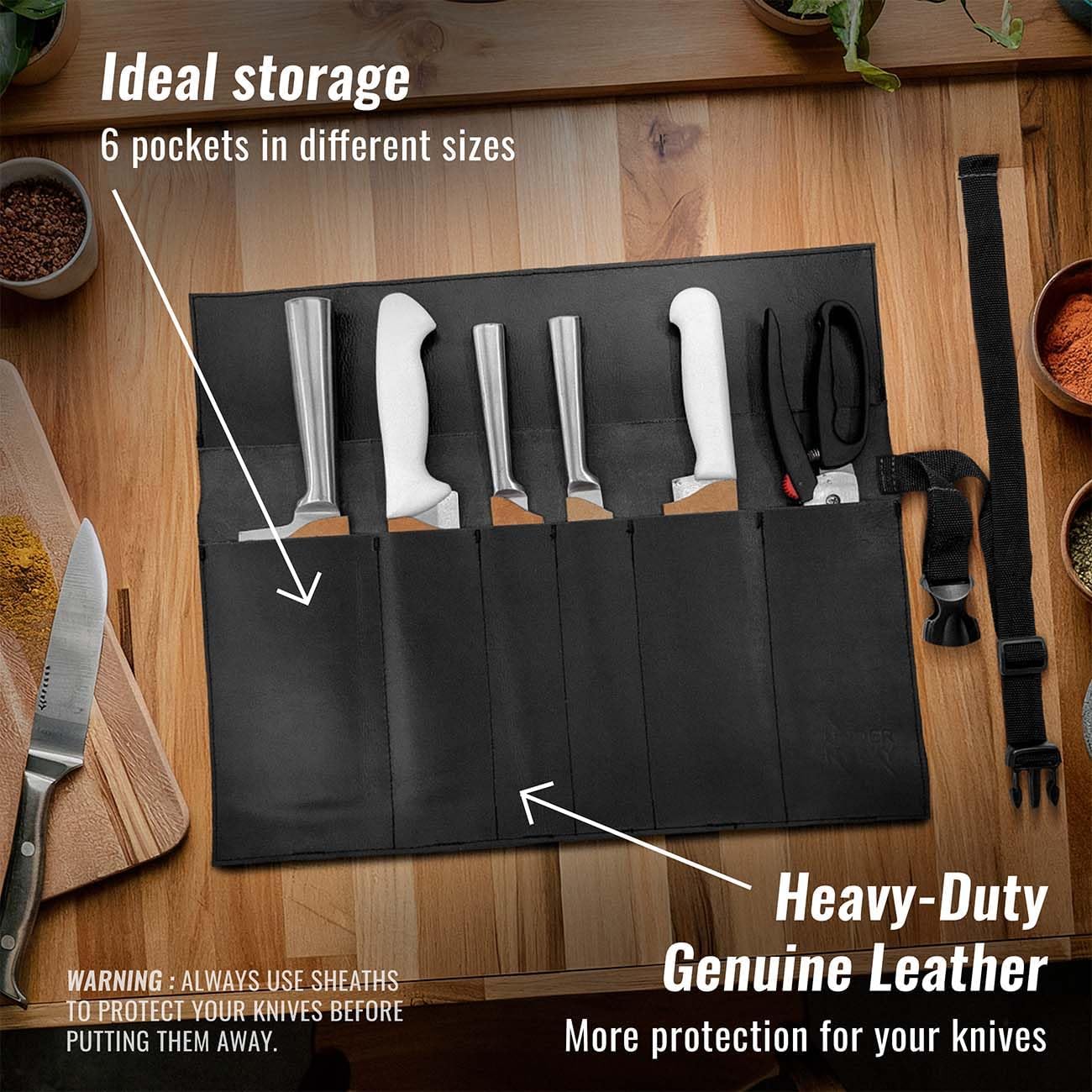 Under NY Sky Genuine Leather Knife Roll Case - 6 Slots - Real Leather Pouch - Portable Bag for Cooking Tools, Utensils, Cutlery Knives, Brushes - Chefs, Kitchen, Travel, Gift - Black
