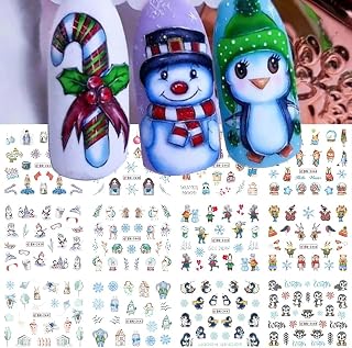 12 Sheets Christmas Day Nail Stickers Christmas Tree Elk Snowflake Girl Water Transfer Nail Decals Holographic Penguin Nail Art Sticker Decal Nail Art Design for Women DIY Supplies Manicure Decoration