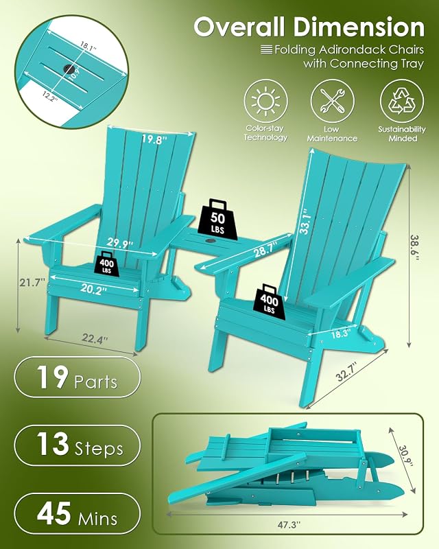 GREENVINES Arch Folding-Adirondack-Chairs Set of 2 & Tray, HDPE, Aqua image 3