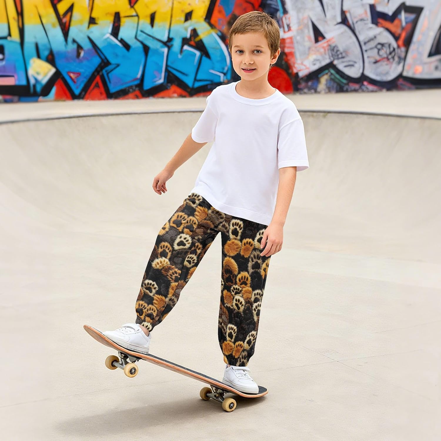 Boy Sweatpants Animal Paw Print Joggers Casual Athletic Pants Kids Elastic Waist Cuffed with Pockets