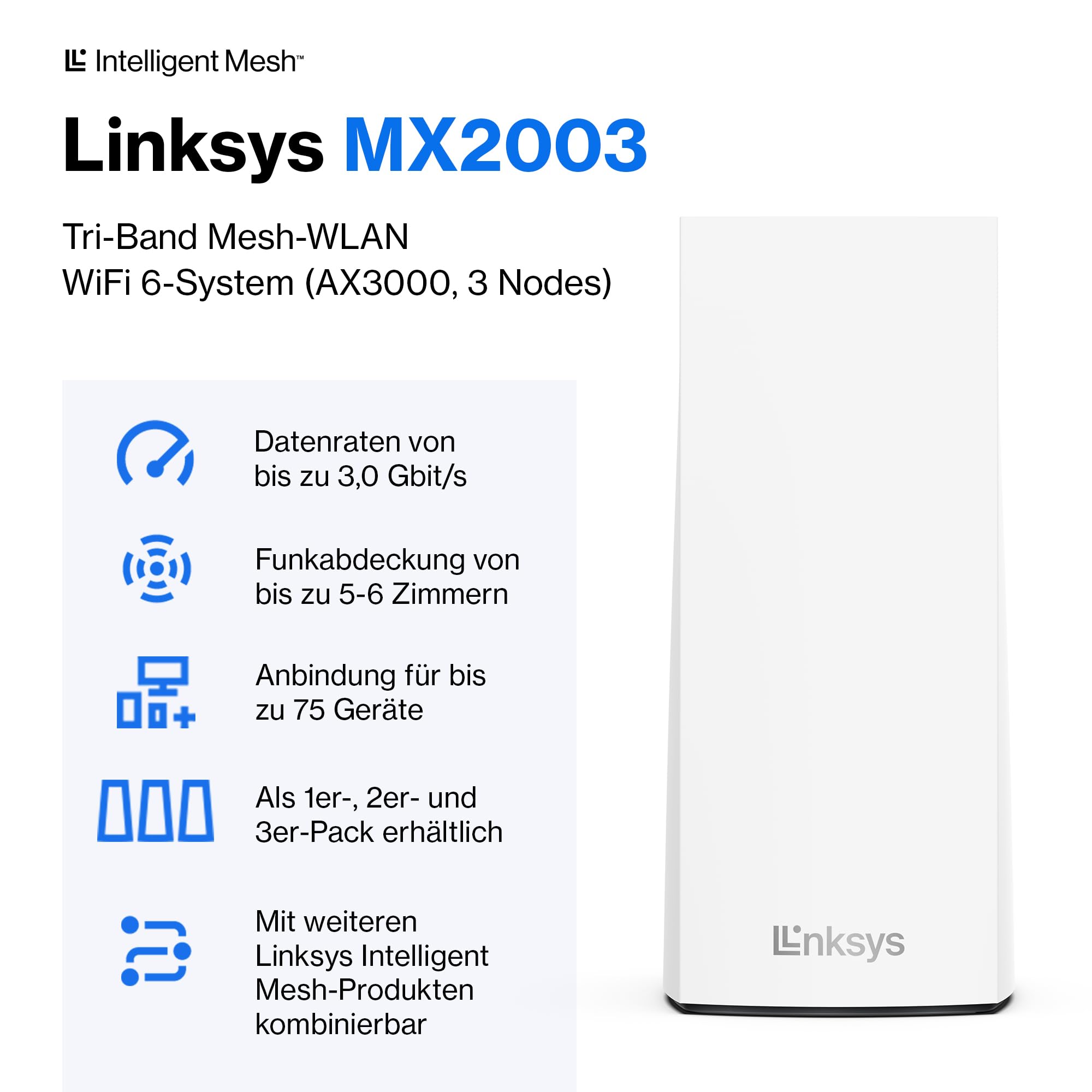 Linksys Atlas 6 Mesh-WiFi 6-System – Dual-Band AX3000 WLAN Router Extender mit 4-mal höherer Geschwindigkeit bis zu 3 – Bild 2