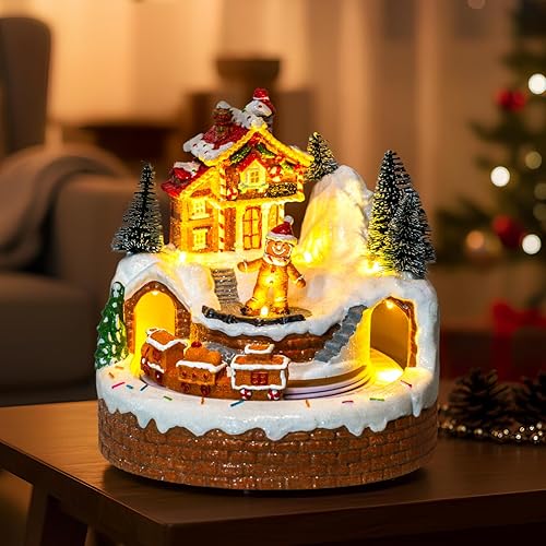 Miniatura 9 de MXwcy Casa de pan de jengibre animada de pueblo de Navidad, figura musical iluminada con tren móvil, estatua coleccionable de vacaciones, decoración