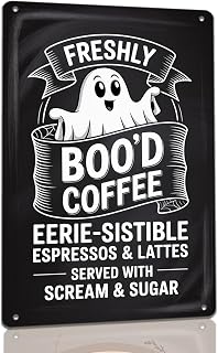 Spooky Halloween Metal Sign with Freshly Boo'd Coffee Metal Sign Perfect for Coffee Bar Decor Kitchen Wall Breakfast Nook Cafe Corner Or Seasonal Drink Station - (Aluminum) 12 inch x 8 inch